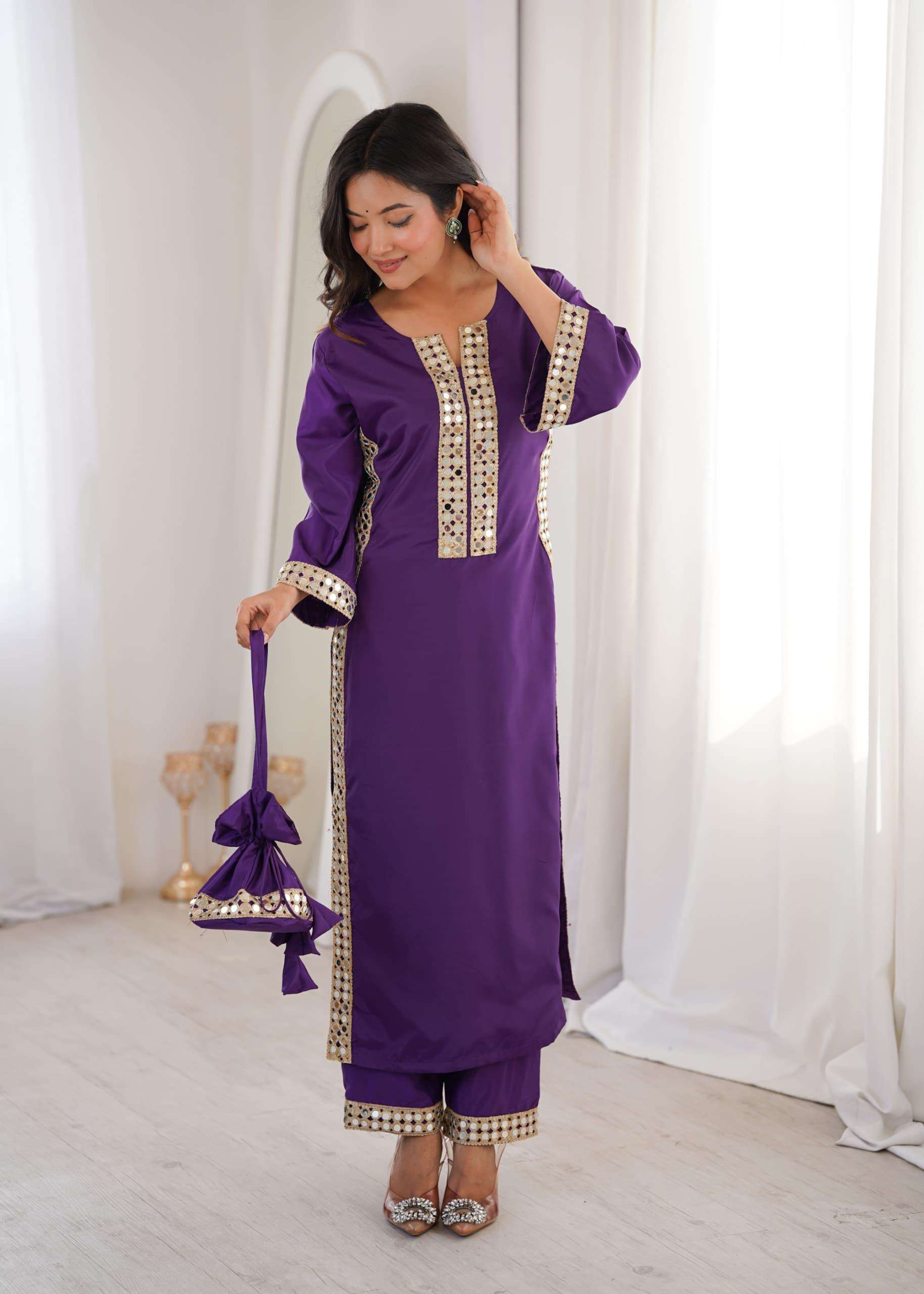 DESIGNER FANCY PARTY WEAR CREPE SILK READYMADE PURPLE SHARARA SALWAR SUIT PALAZZO LW 9324 A