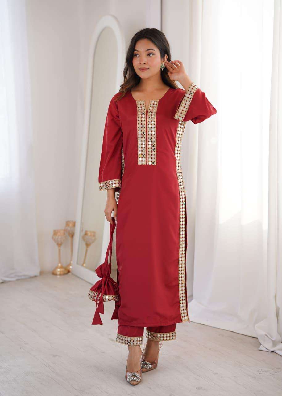 DESIGNER FANCY PARTY WEAR CREPE SILK READYMADE RED SHARARA SALWAR SUIT PALAZZO LW 9324 B