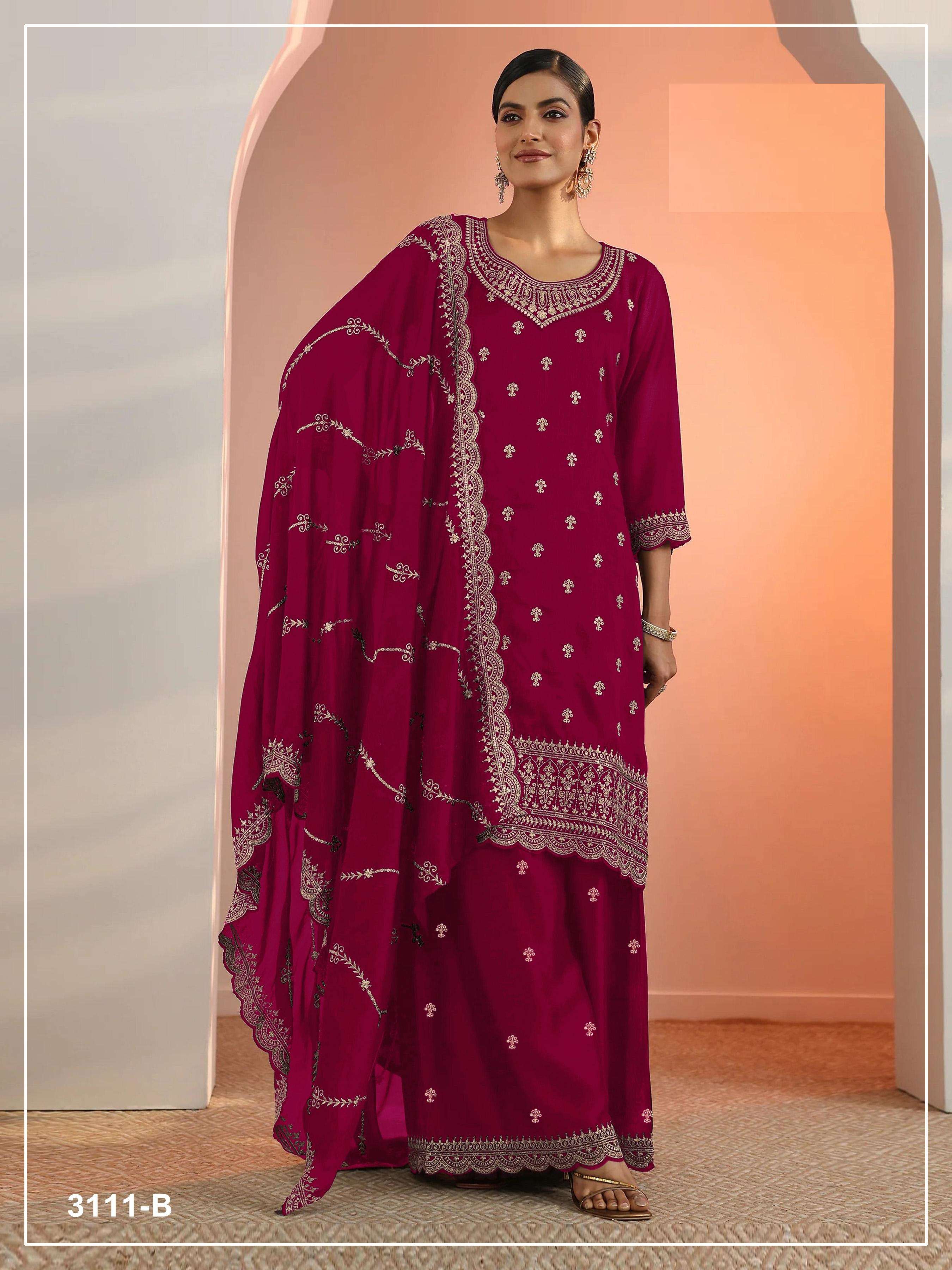 DESIGNER FANCY PARTY WEAR FAUX BLOOMING GEORGETTE RANI PINK SHARARA SALWAR SUIT PALAZZO JG 3311 B