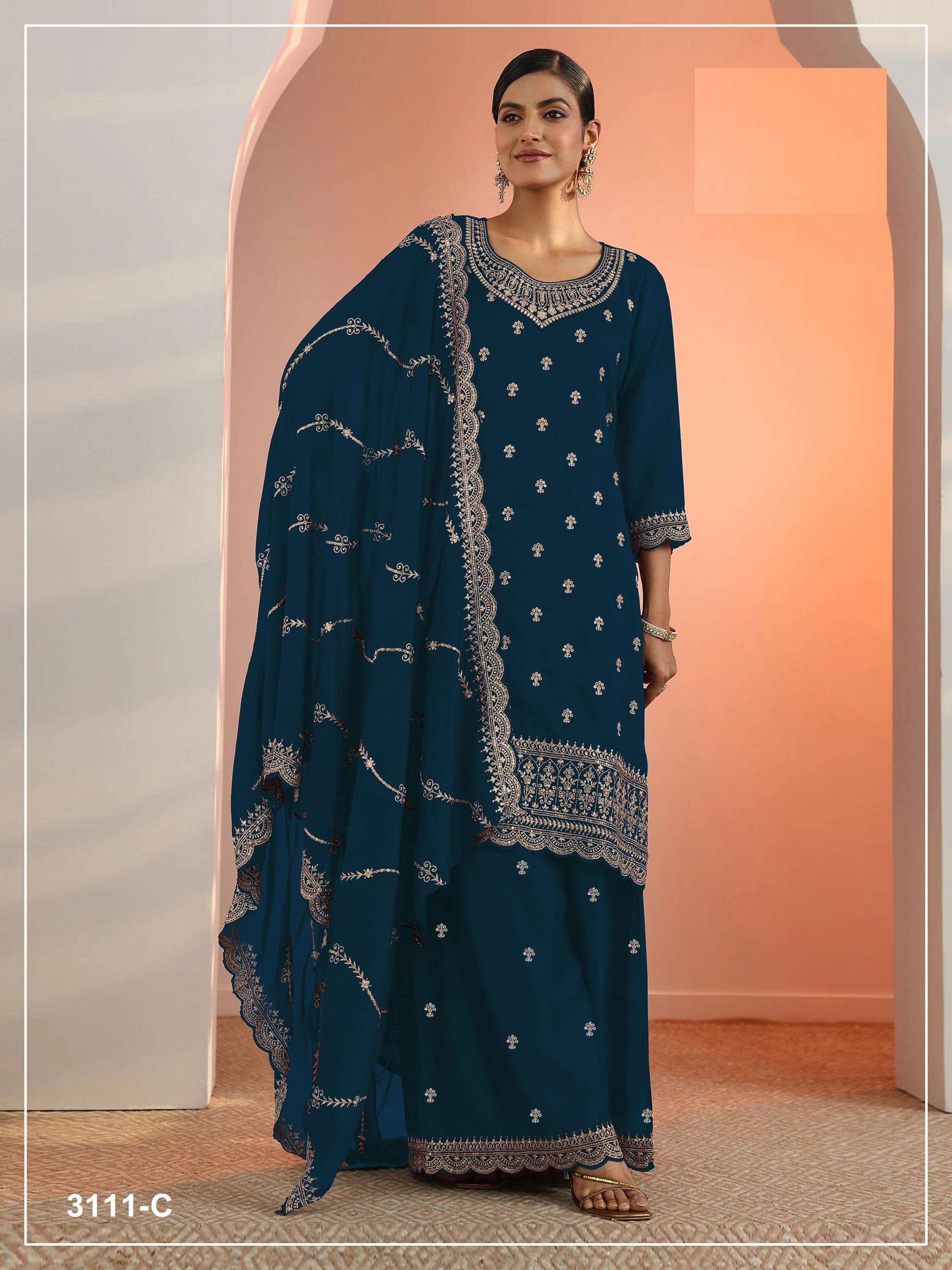 DESIGNER FANCY PARTY WEAR FAUX BLOOMING GEORGETTE TEAL BLUE SHARARA SALWAR SUIT PALAZZO JG 3311 C