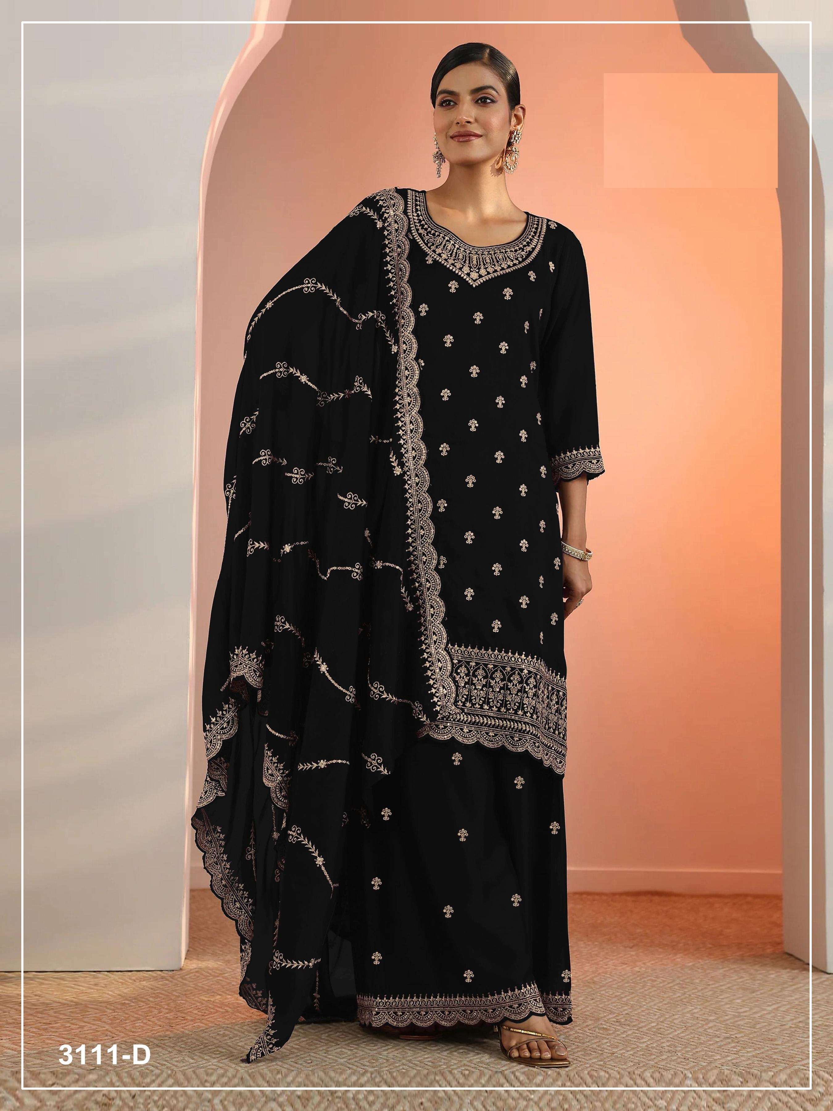 DESIGNER FANCY PARTY WEAR FAUX BLOOMING GEORGETTE BLACK SHARARA SALWAR SUIT PALAZZO JG 3311 D