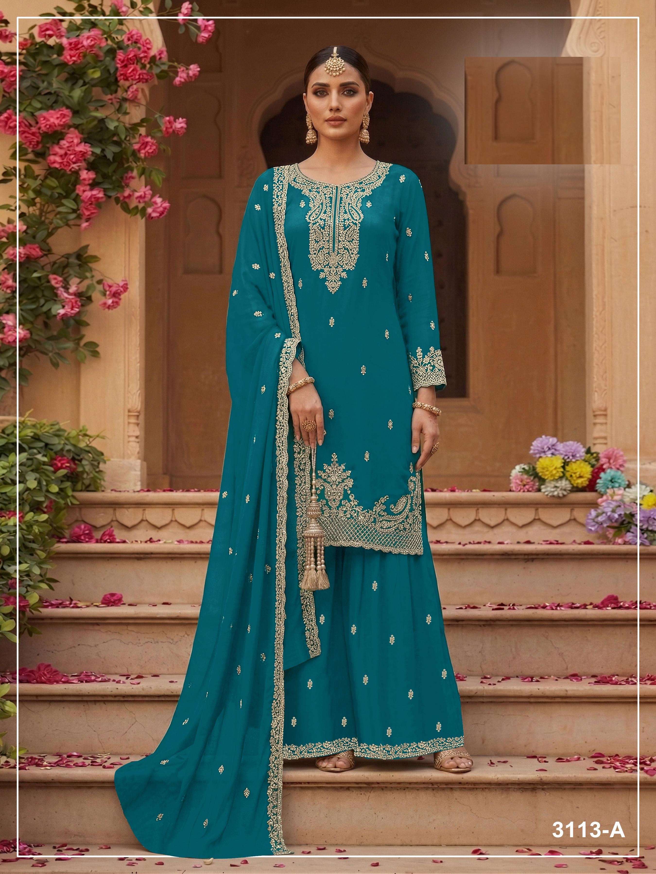 DESIGNER FANCY PARTY WEAR FAUX BLOOMING GEORGETTE BLUE SHARARA SALWAR SUIT PALAZZO JG 3113 A