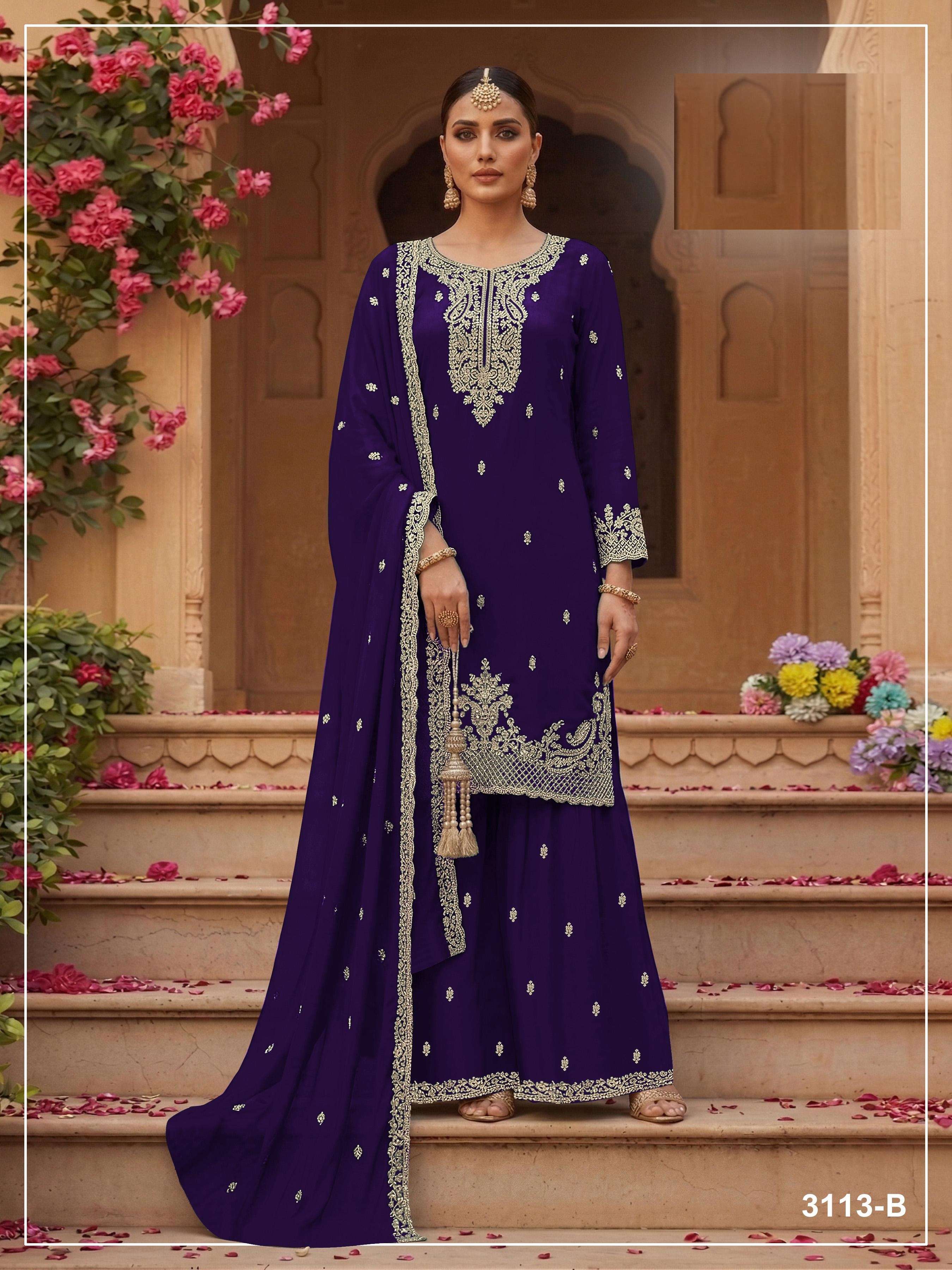 DESIGNER FANCY PARTY WEAR FAUX BLOOMING GEORGETTE PURPLE SHARARA SALWAR SUIT PALAZZO JG 3113 B