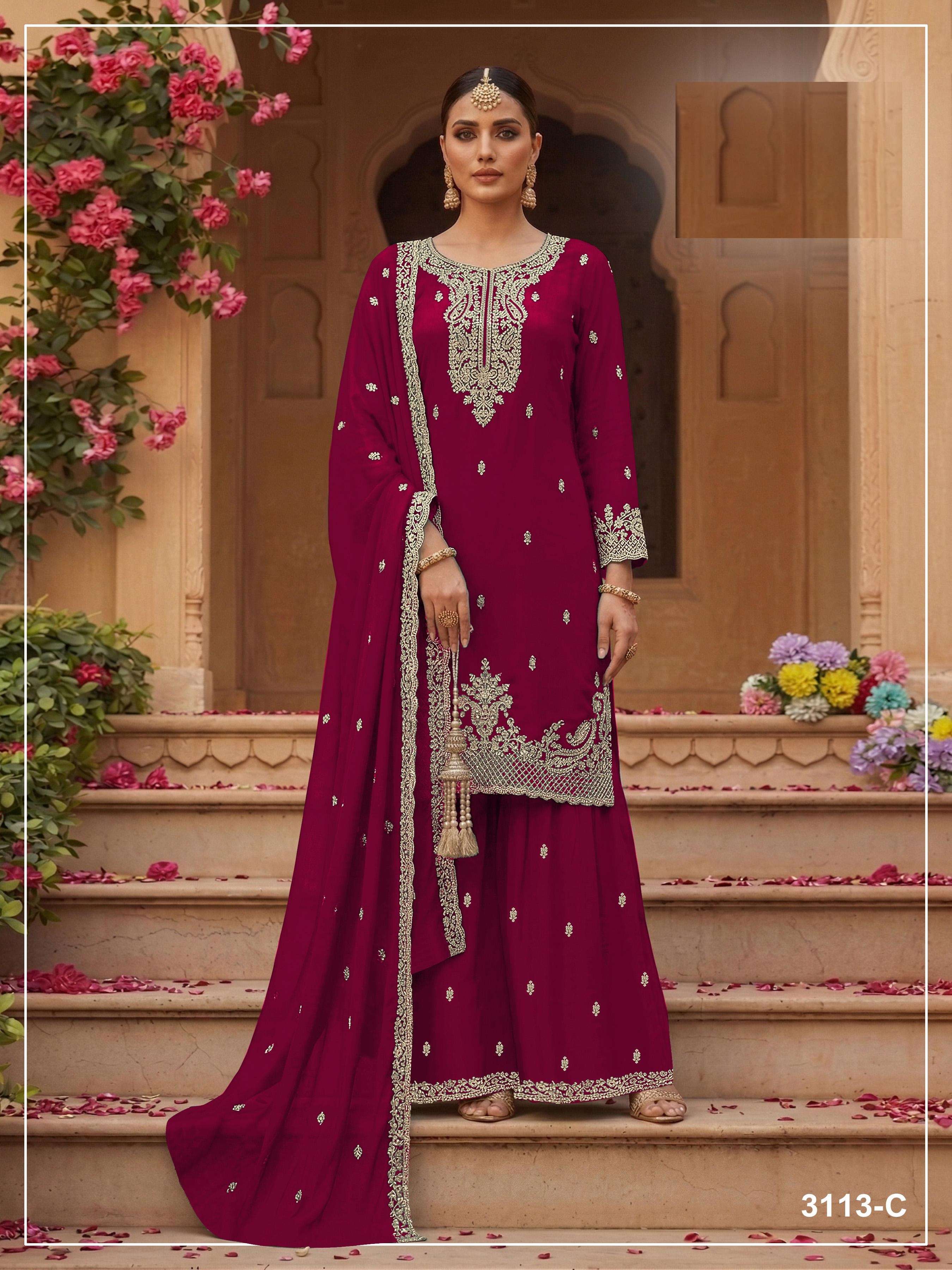 DESIGNER FANCY PARTY WEAR FAUX BLOOMING GEORGETTE RANI RED SHARARA SALWAR SUIT PALAZZO JG 3113 C