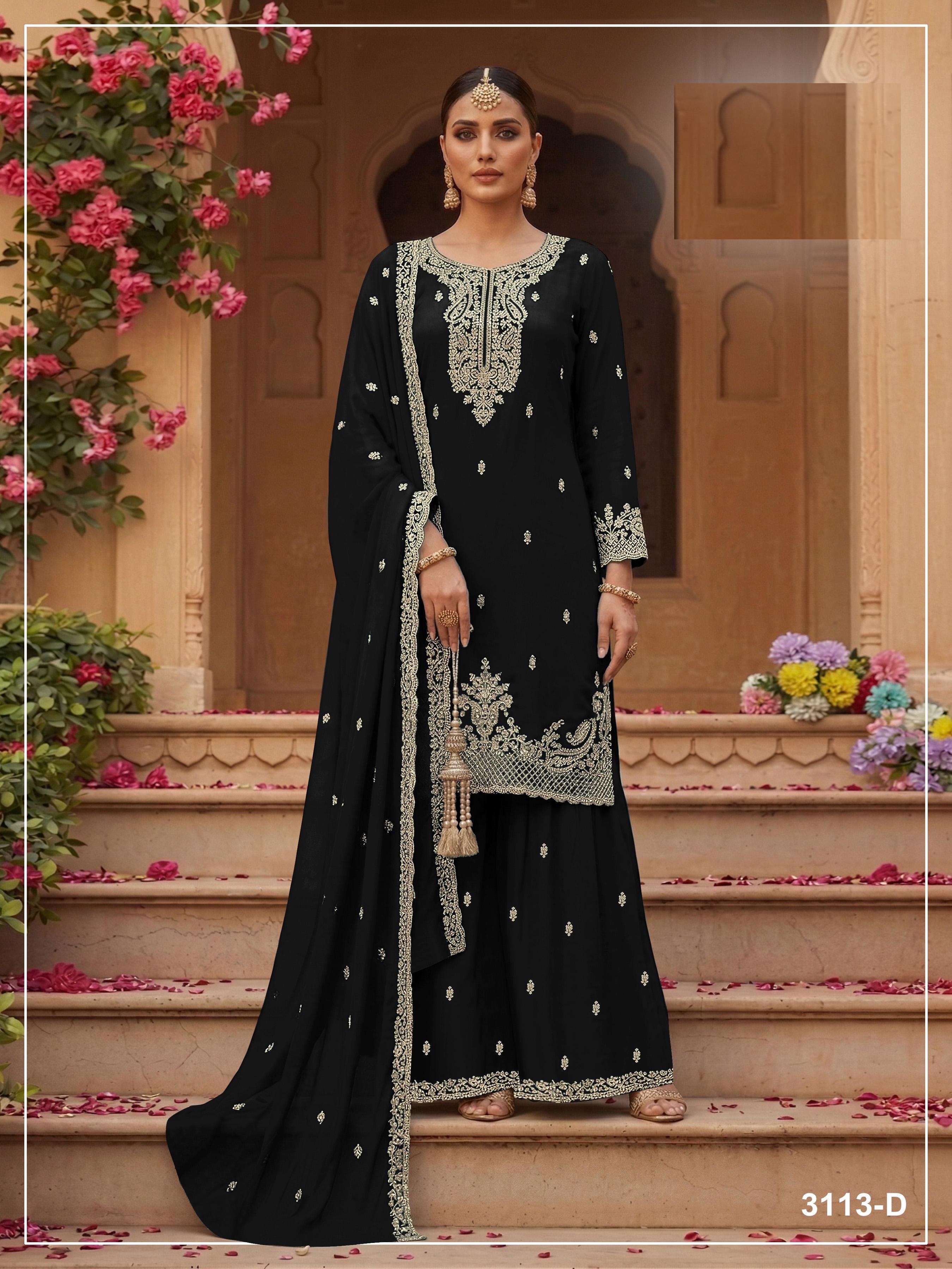 DESIGNER FANCY PARTY WEAR FAUX BLOOMING GEORGETTE BLACK SHARARA SALWAR SUIT PALAZZO JG 3113 D