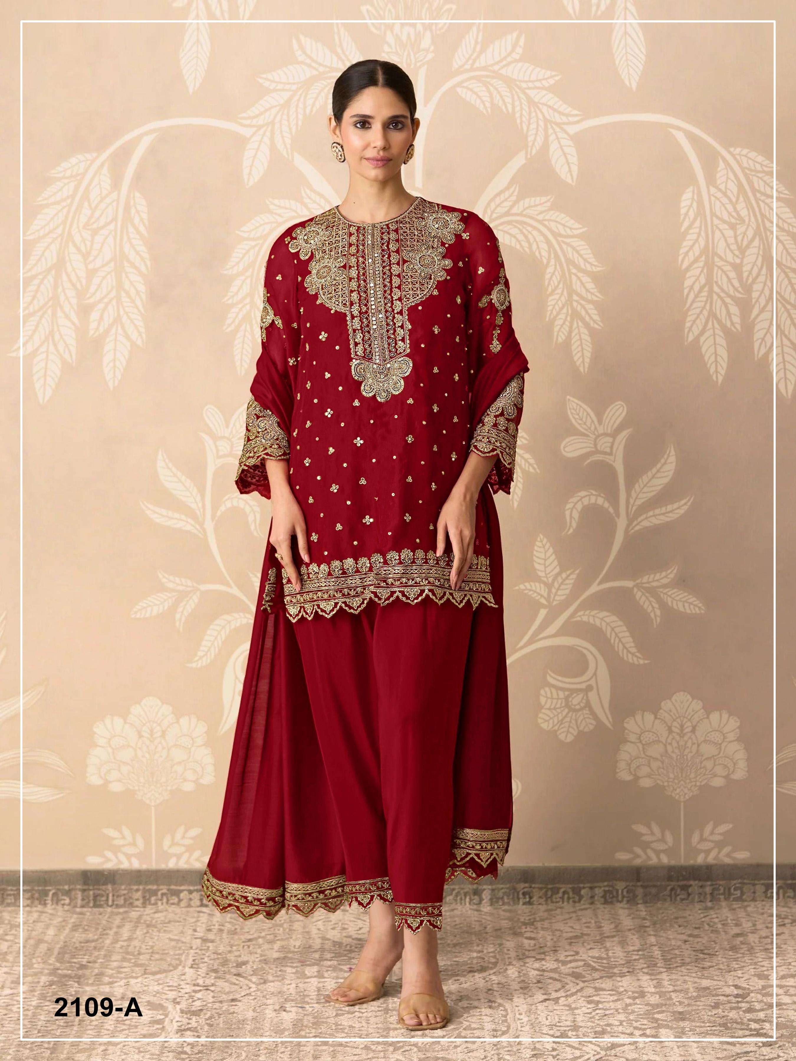 DESIGNER FANCY PARTY WEAR FAUX BLOOMING GEORGETTE RED SHARARA SALWAR SUIT PALAZZO JG 2109 A