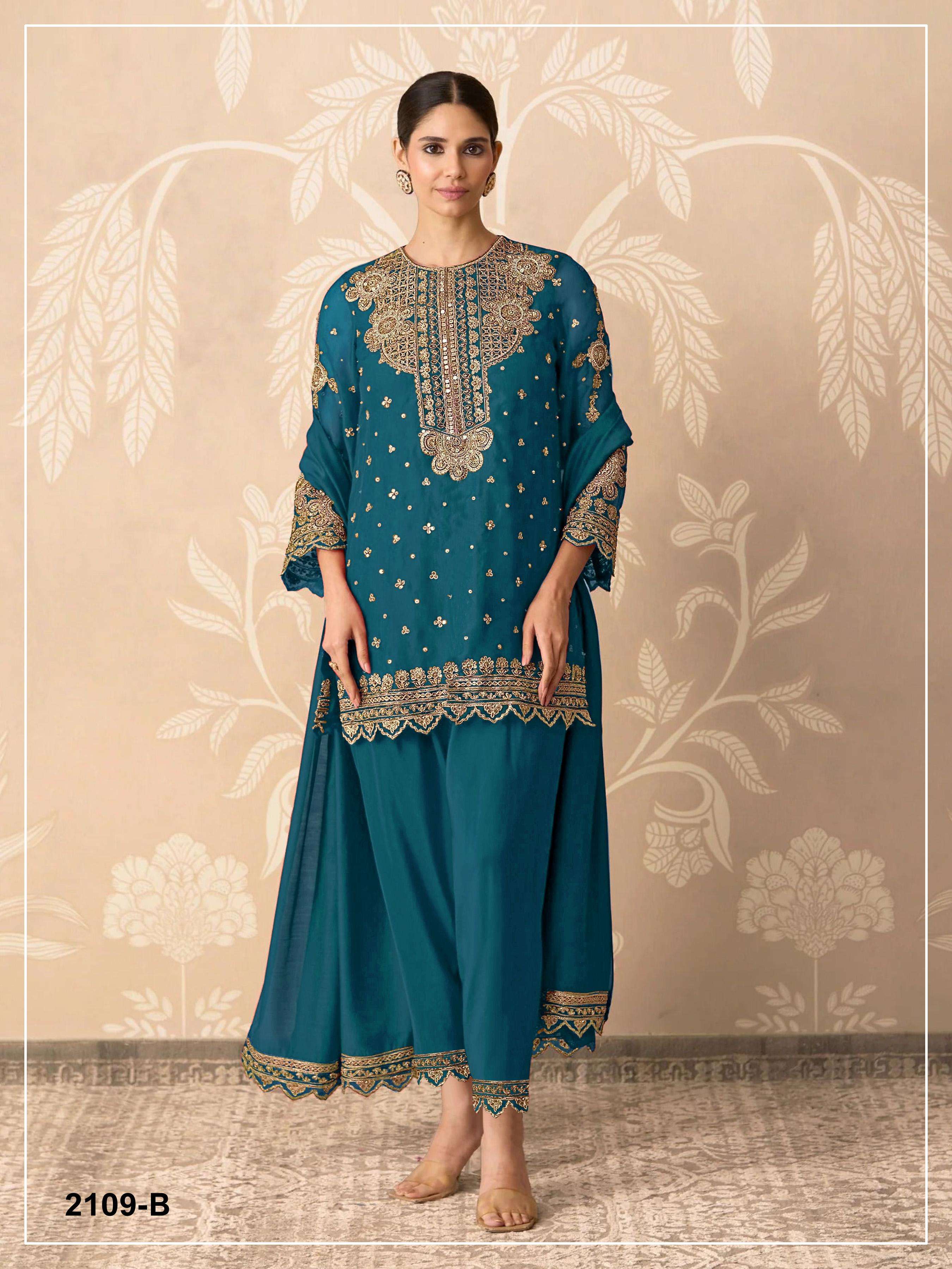 DESIGNER FANCY PARTY WEAR FAUX BLOOMING GEORGETTE BLUE SHARARA SALWAR SUIT PALAZZO JG 2109 B