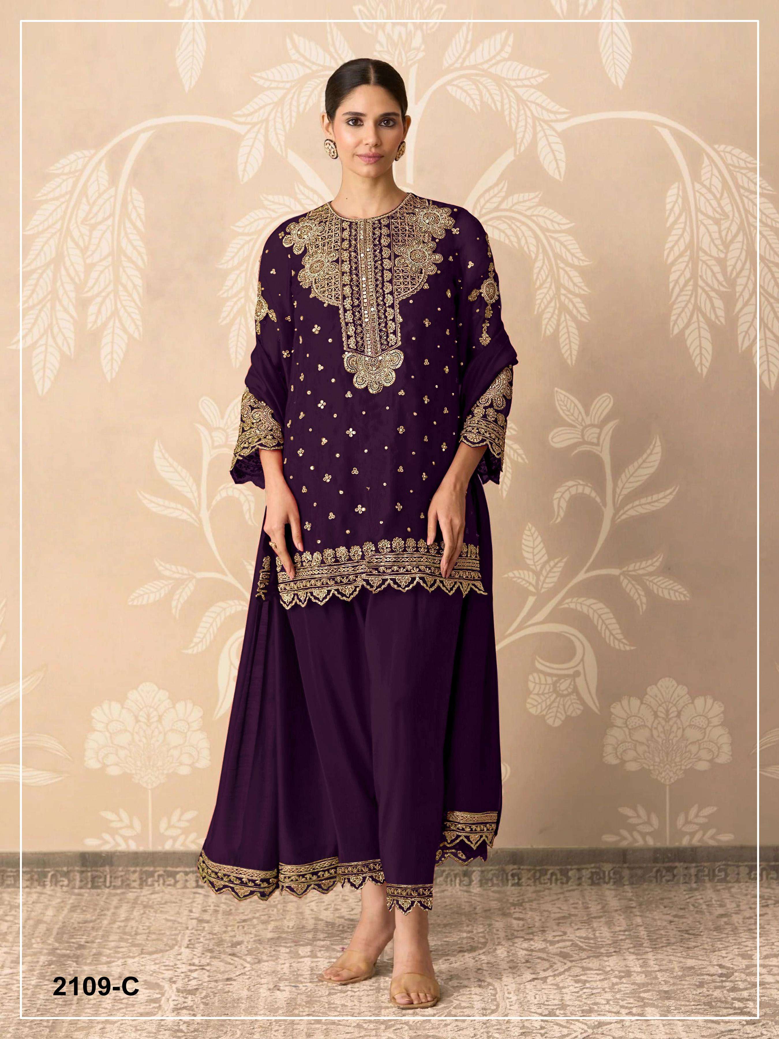 DESIGNER FANCY PARTY WEAR FAUX BLOOMING GEORGETTE PURPLE SHARARA SALWAR SUIT PALAZZO JG 2109 C