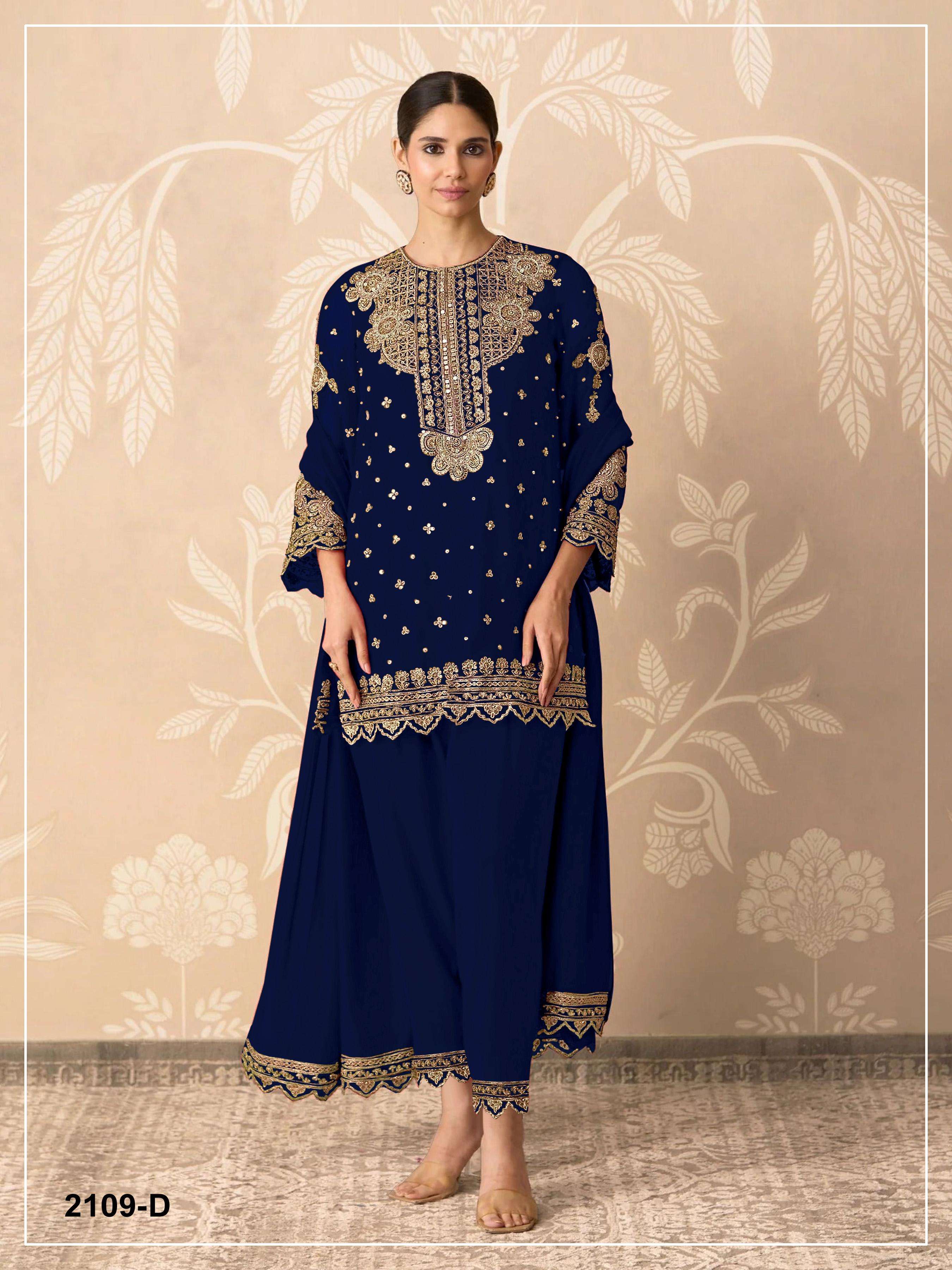 DESIGNER FANCY PARTY WEAR FAUX BLOOMING GEORGETTE BLUE SHARARA SALWAR SUIT PALAZZO JG 2109 D