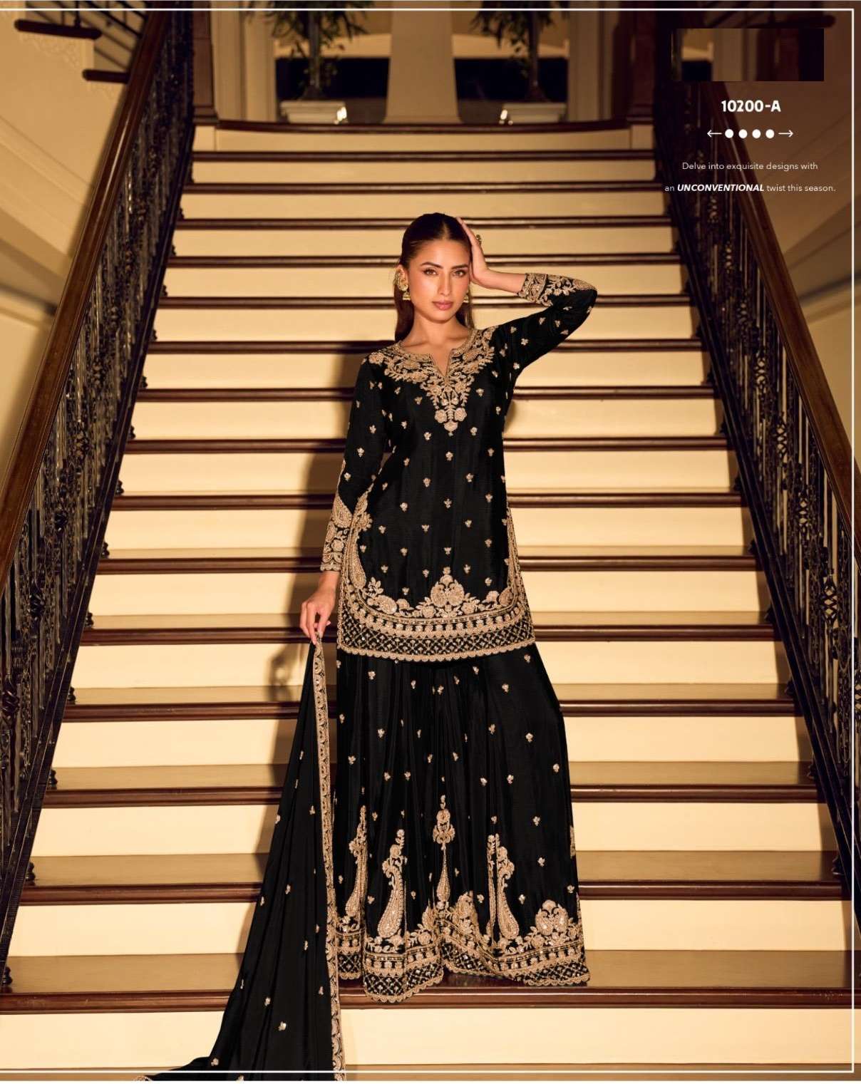 DESIGNER FANCY PARTY WEAR PREMIUM CHINON SILK BLACK SHARARA SALWAR SUIT PALAZZO SY RH KANCHAN 10200 A