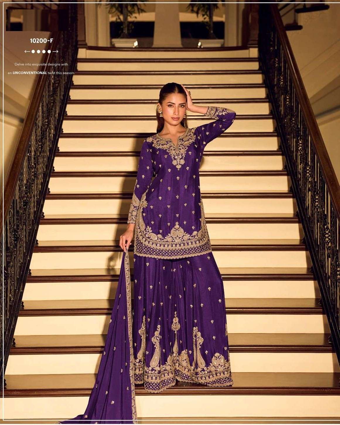 DESIGNER FANCY PARTY WEAR PREMIUM CHINON SILK PURPLE SHARARA SALWAR SUIT PALAZZO SY RH KANCHAN 10200 F