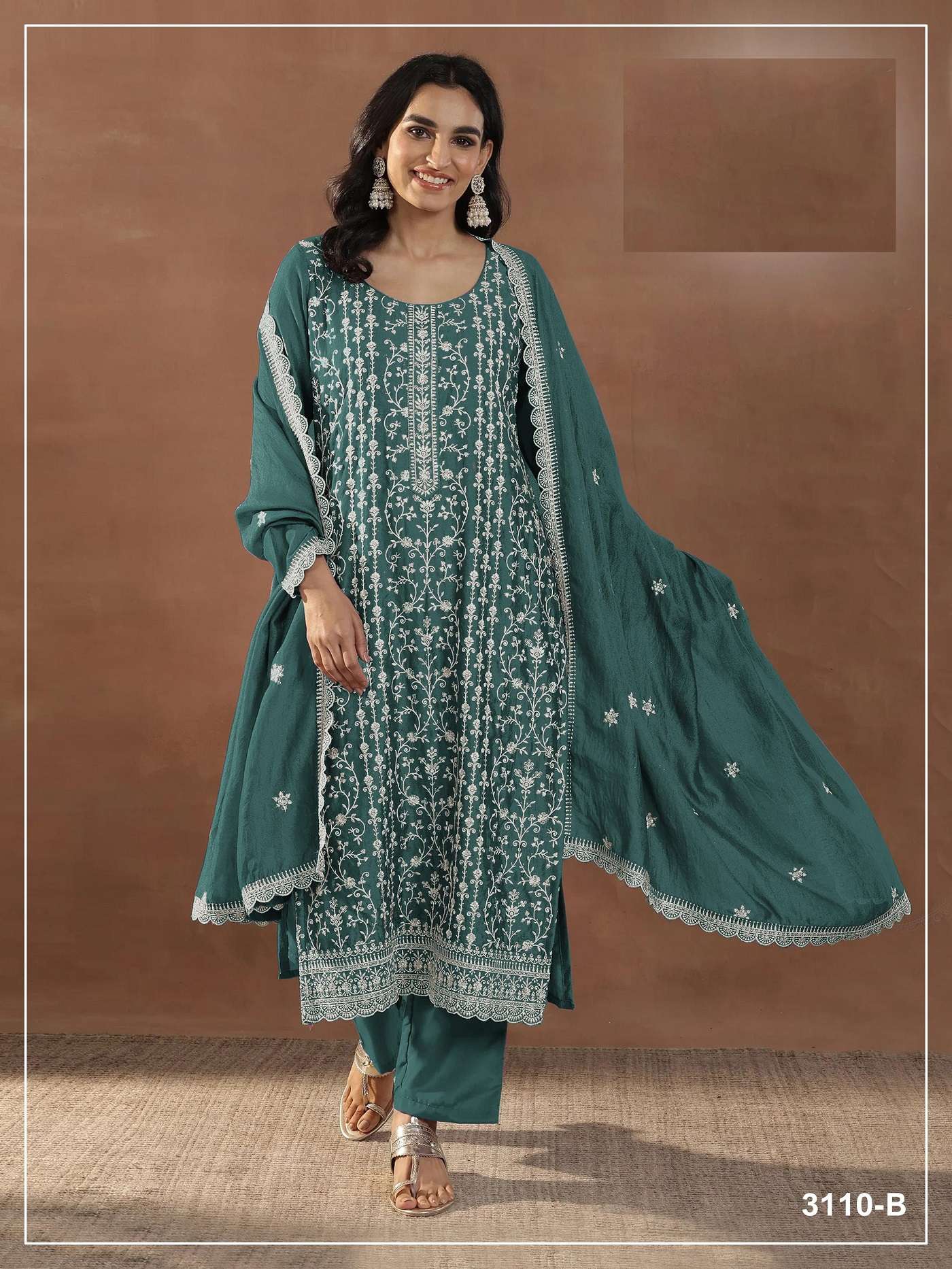 DESIGNER FANCY PARTY WEAR RANGOLI CRUSH TEAL GREEN PALAZZO SALWAR SUIT PALAZZO JG 3110 B