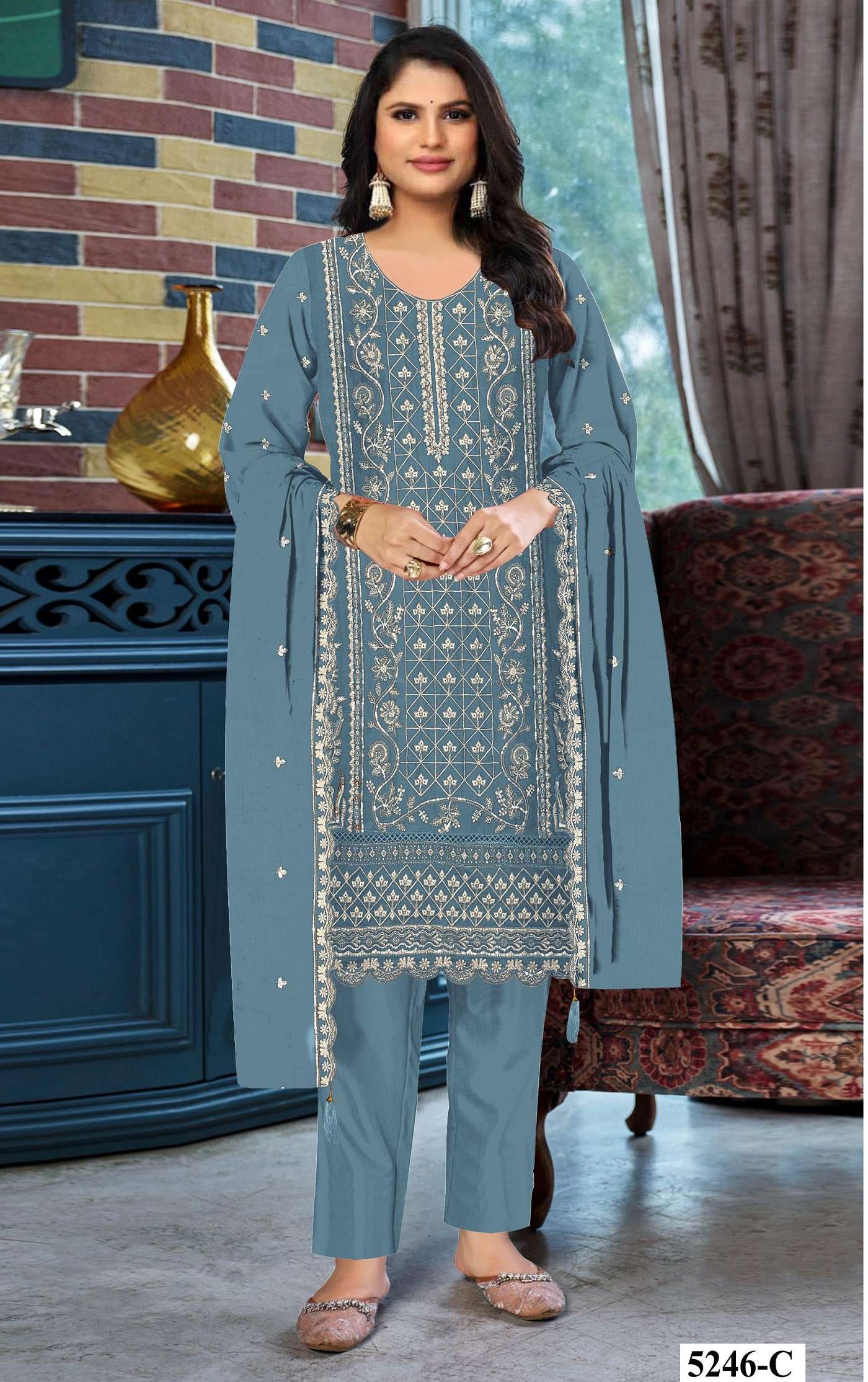 DESIGNER FANCY PARTY WEAR SKY BLUE CHIFFON PAKISTANI SALWAR SUIT JG 5246 C