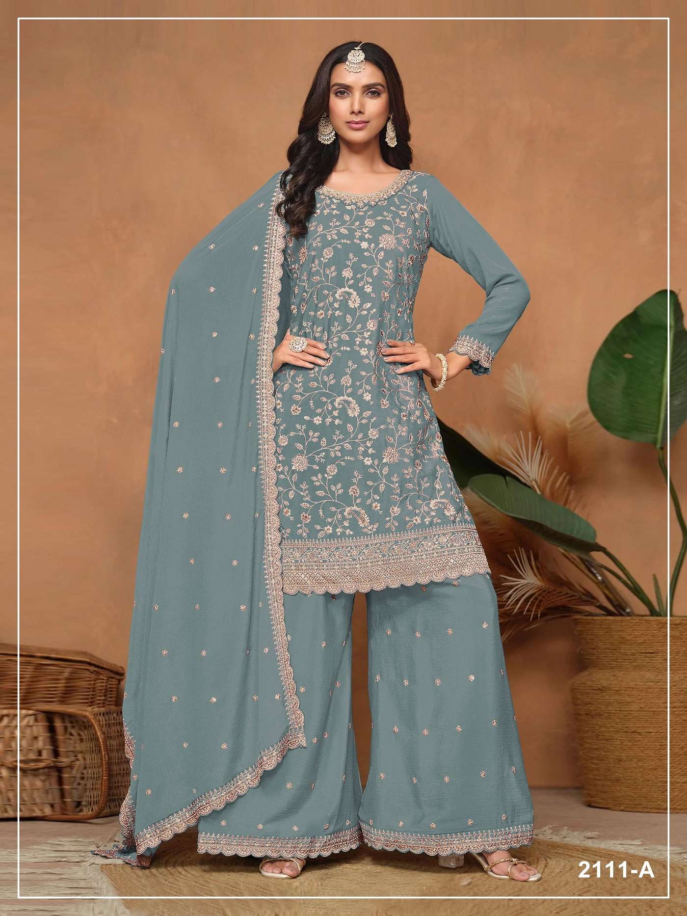 DESIGNER FANCY PARTY WEAR VICHITRA SILK BLUE SHARARA SALWAR SUIT PALAZZO JG 2111 A