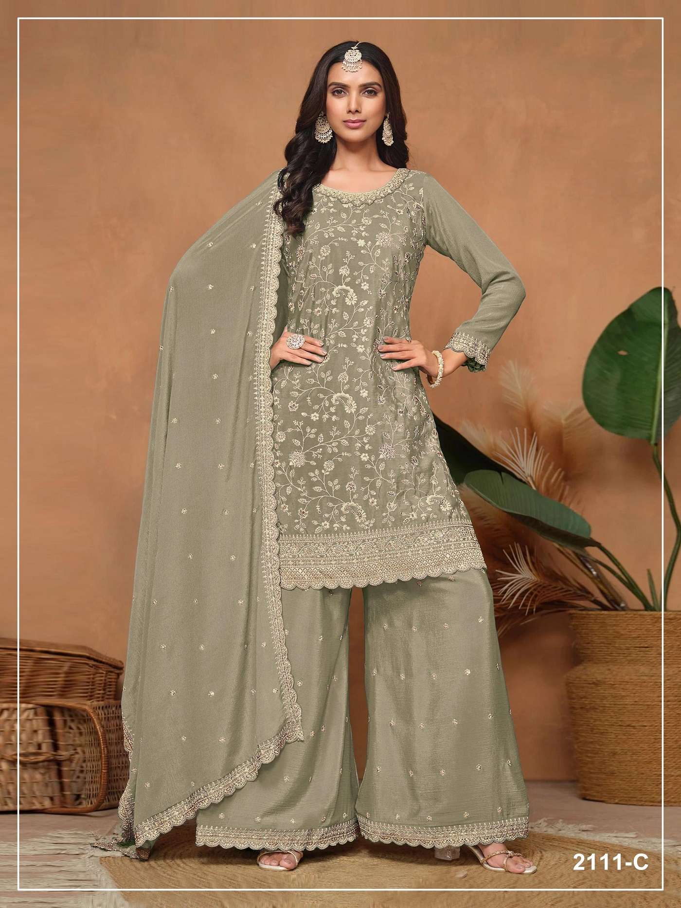 DESIGNER FANCY PARTY WEAR VICHITRA SILK GREEN SHARARA SALWAR SUIT PALAZZO JG 2111 C