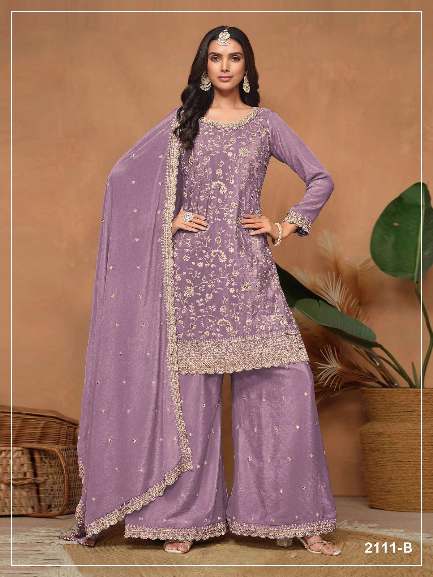 DESIGNER FANCY PARTY WEAR VICHITRA SILK PURPLE SHARARA SALWAR SUIT PALAZZO JG 2111 B