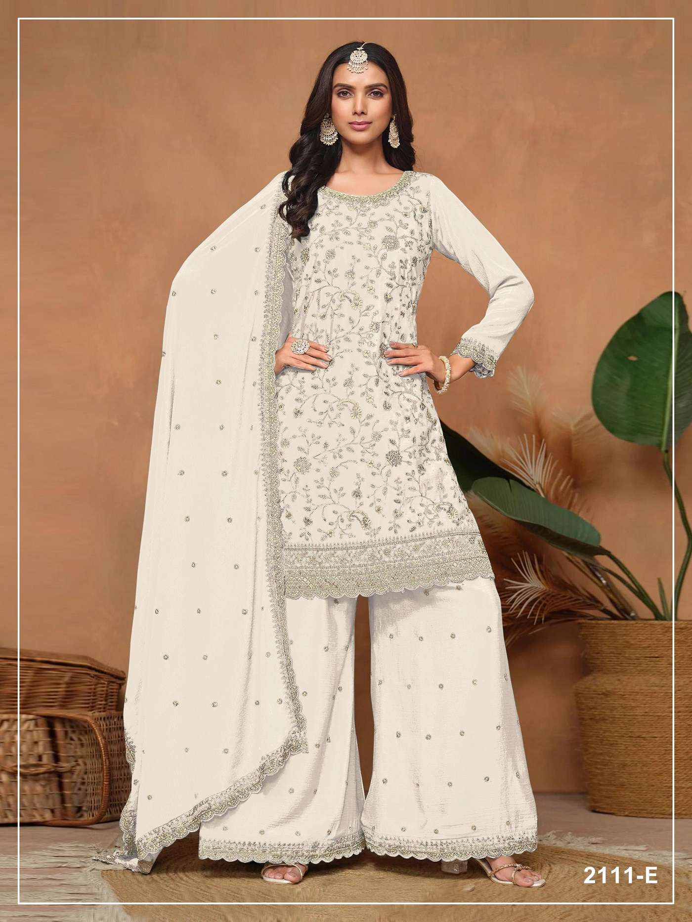 DESIGNER FANCY PARTY WEAR VICHITRA SILK WHITE SHARARA SALWAR SUIT PALAZZO JG 2111 E