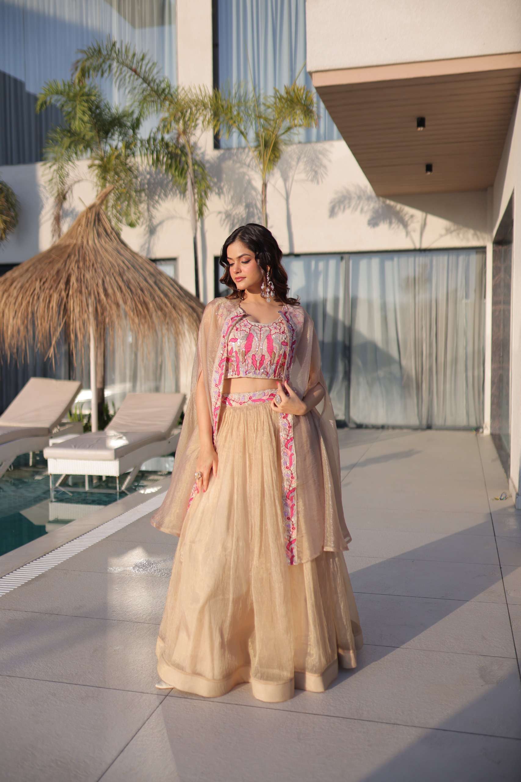 DESIGNER FANCY WEDDING PARTY WEAR BEADS WORK READYMADE SILK CHIKU LEHENGA CHOLI LW 5068