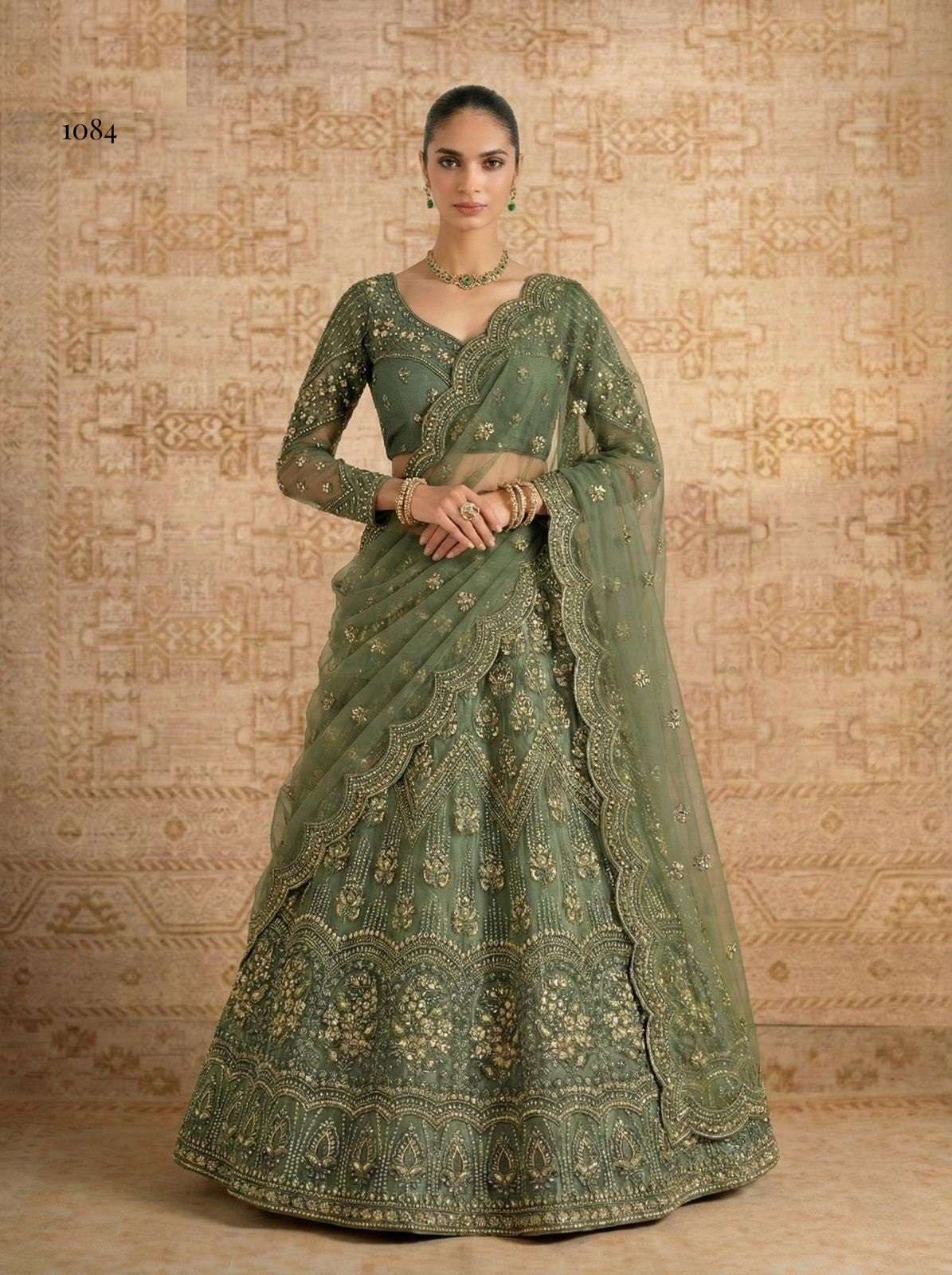 DESIGNER FANCY WEDDING PARTY WEAR INDIAN HEAVY GREEN NET LEHENGA CHOLI WITH DUPATTA AZLZ 1084