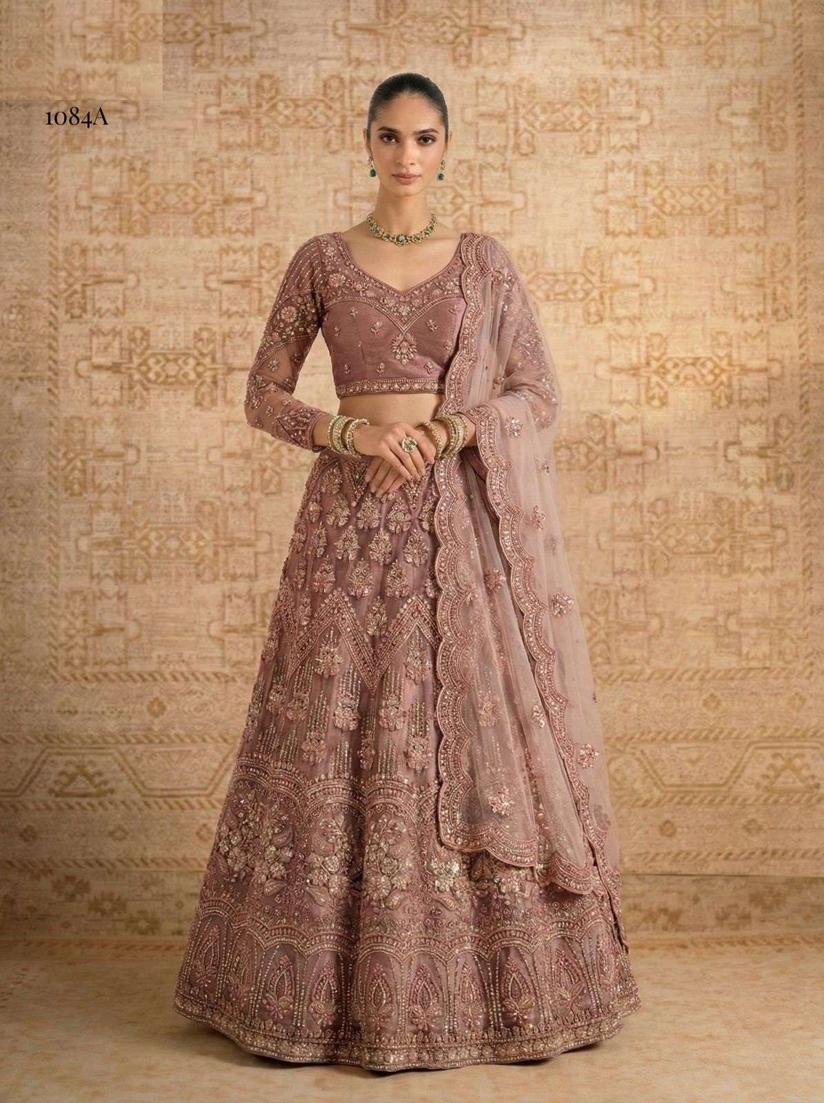 DESIGNER FANCY WEDDING PARTY WEAR INDIAN HEAVY PEACH NET LEHENGA CHOLI WITH DUPATTA ALZ 1084 AA
