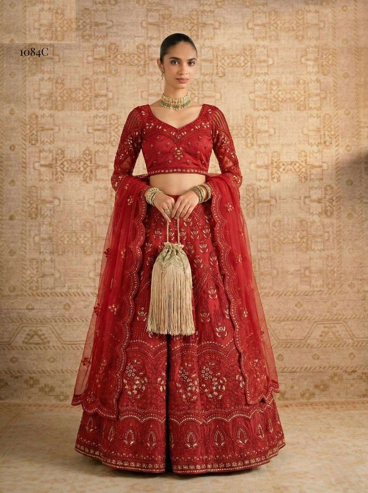 DESIGNER FANCY WEDDING PARTY WEAR INDIAN HEAVY RED NET LEHENGA CHOLI WITH DUPATTA ALZ 1084 BB