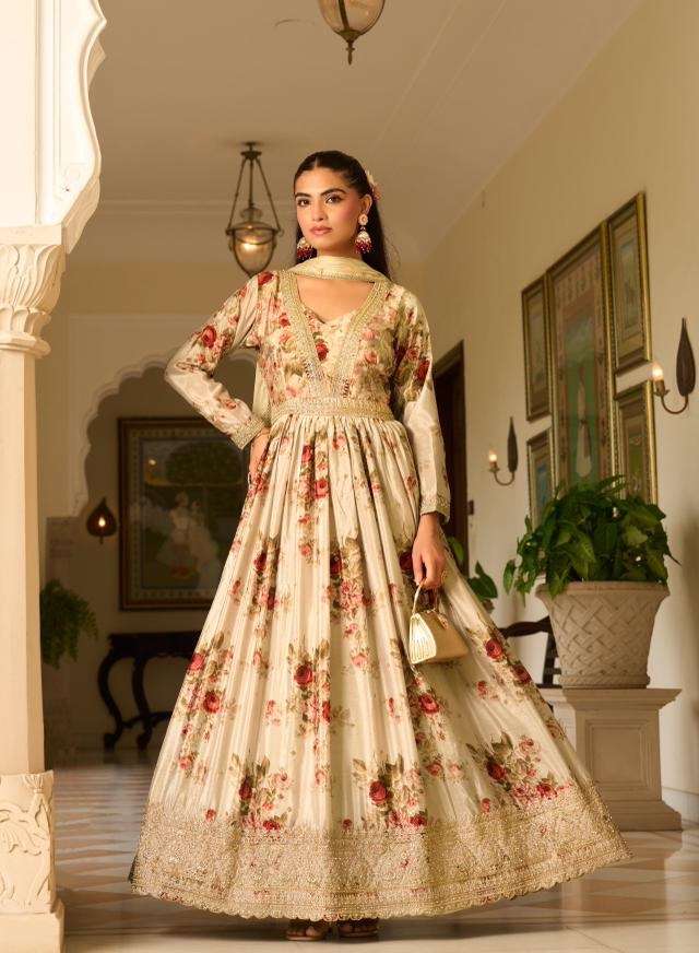 DESIGNER PARTY WEAR CHINON SILK FLORAL PRINTED READYMADE WHITE ANARKALI GOWN SALWAR SUIT NVN SANIKA 2002