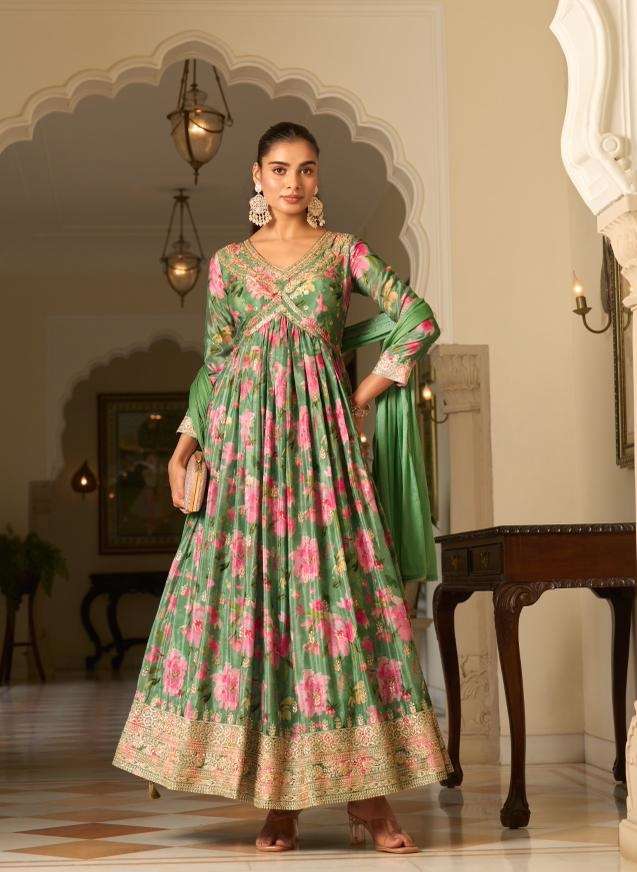 DESIGNER PARTY WEAR CHINON SILK FLORAL PRINTED READYMADE GREEN ANARKALI GOWN SALWAR SUIT NVN SANIKA 2003