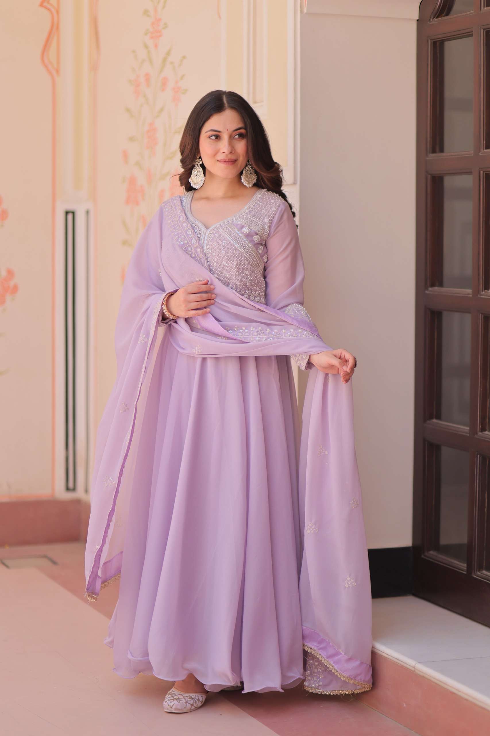 DESIGNER PARTY WEDDING WEAR READYMADE STAR GEORGETTE LAVENDER ANARKALI GOWN COLLECTION LW 9313 A