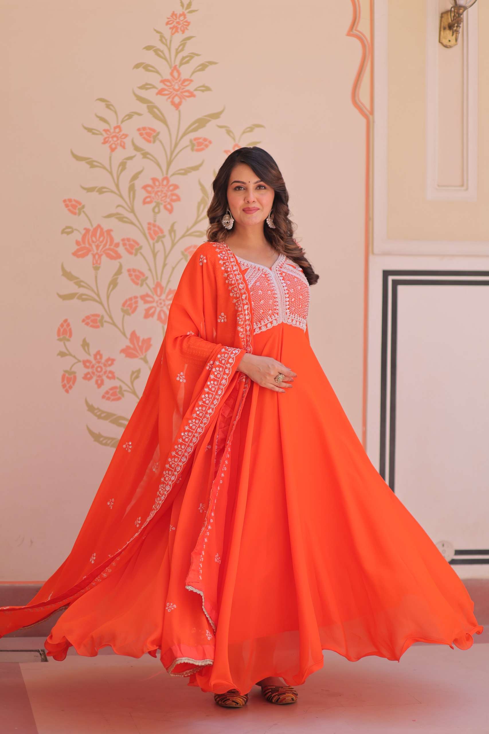 DESIGNER PARTY WEDDING WEAR READYMADE STAR GEORGETTE ORANGE ANARKALI GOWN COLLECTION LW 9313 B