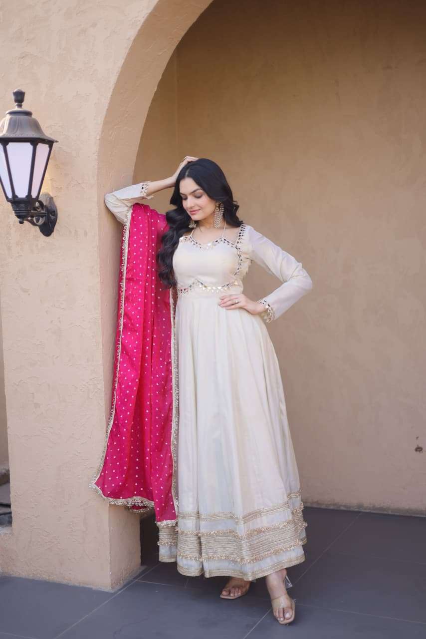 DESIGNER WEDDING PARTY WEAR COSMOS SILK READYMADE WHITE ANARKALI GOWN SALWAR SUIT LW 9329 A