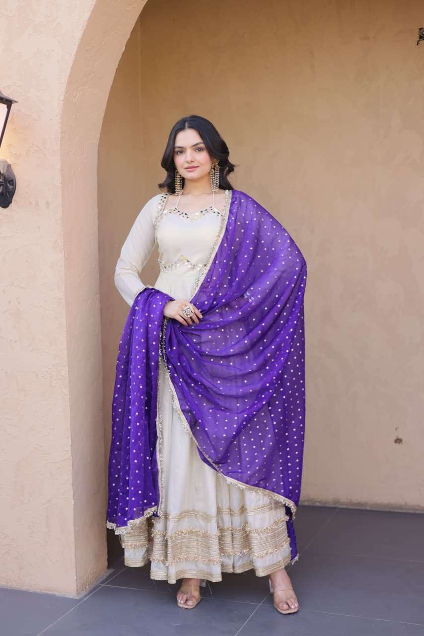 DESIGNER WEDDING PARTY WEAR COSMOS SILK READYMADE WHITE ANARKALI GOWN SALWAR SUIT LW 9329 B
