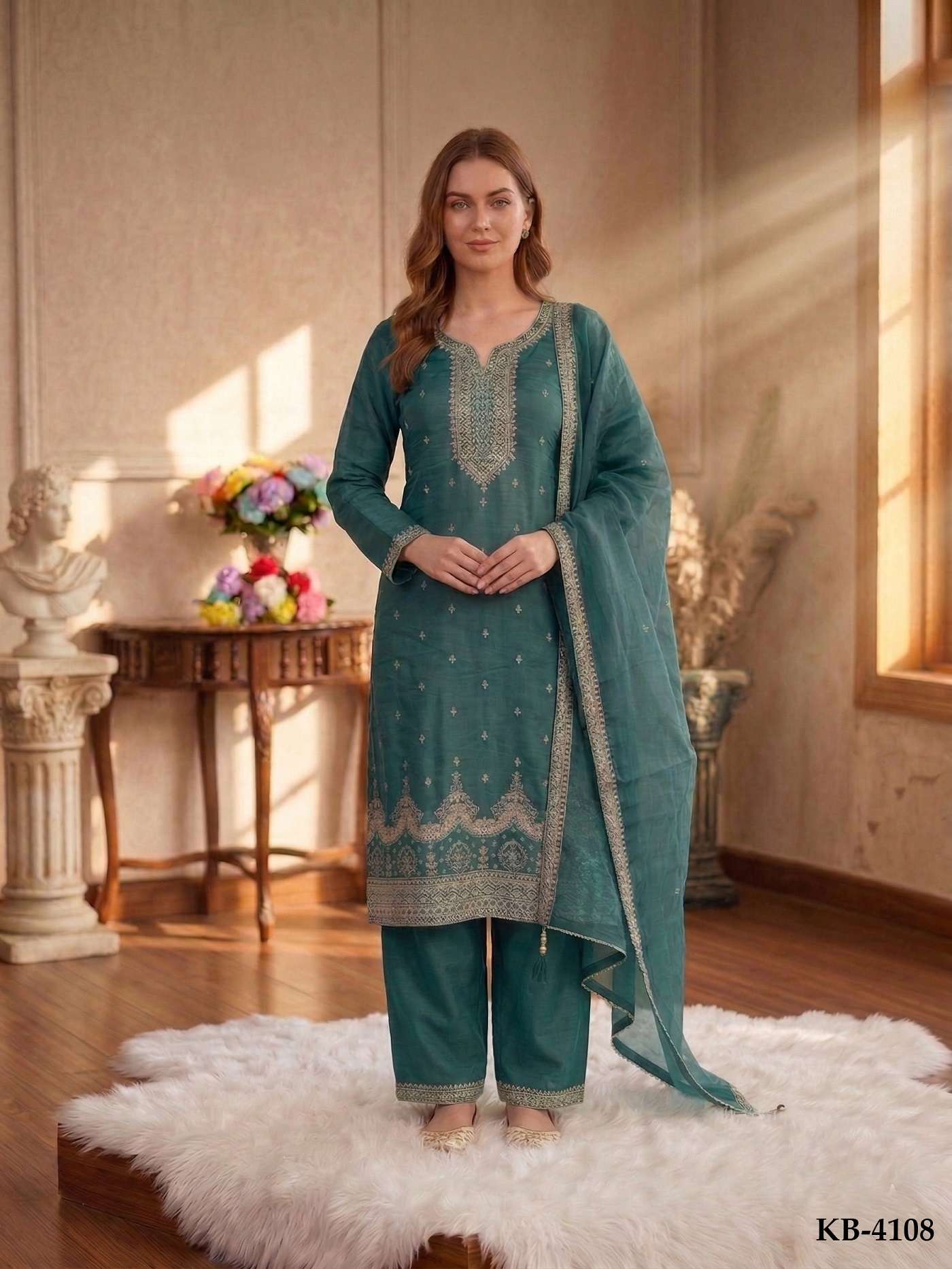 DESIGNER WEDDING PARTY WEAR CRUSH SILK SEQUENCE WORK TEAL GREEN SHARARA SALWAR SUIT KB 4108