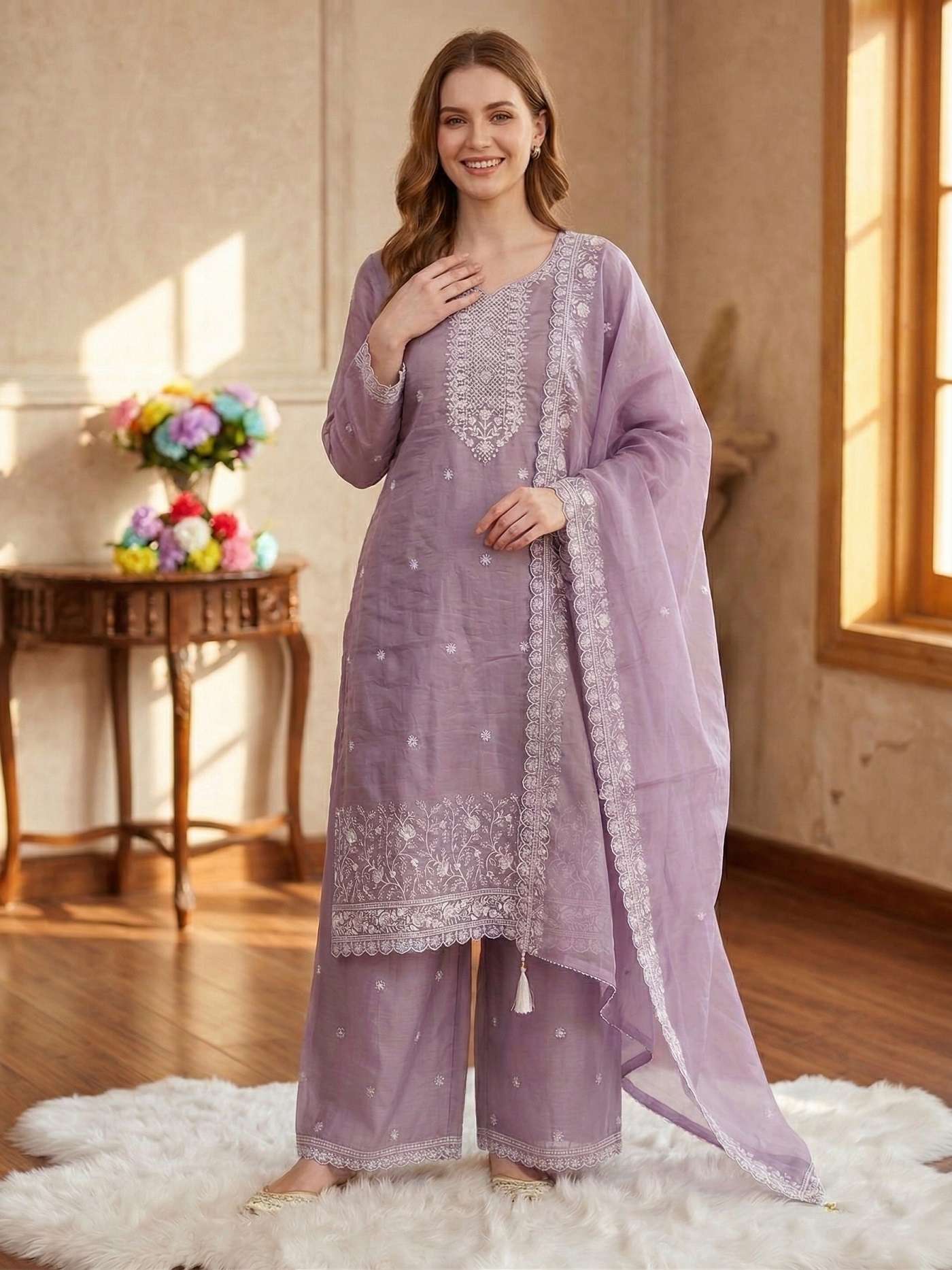 DESIGNER WEDDING PARTY WEAR CRUSH SILK SEQUENCE WORK LAVENDER SHARARA SALWAR SUIT KB 4109