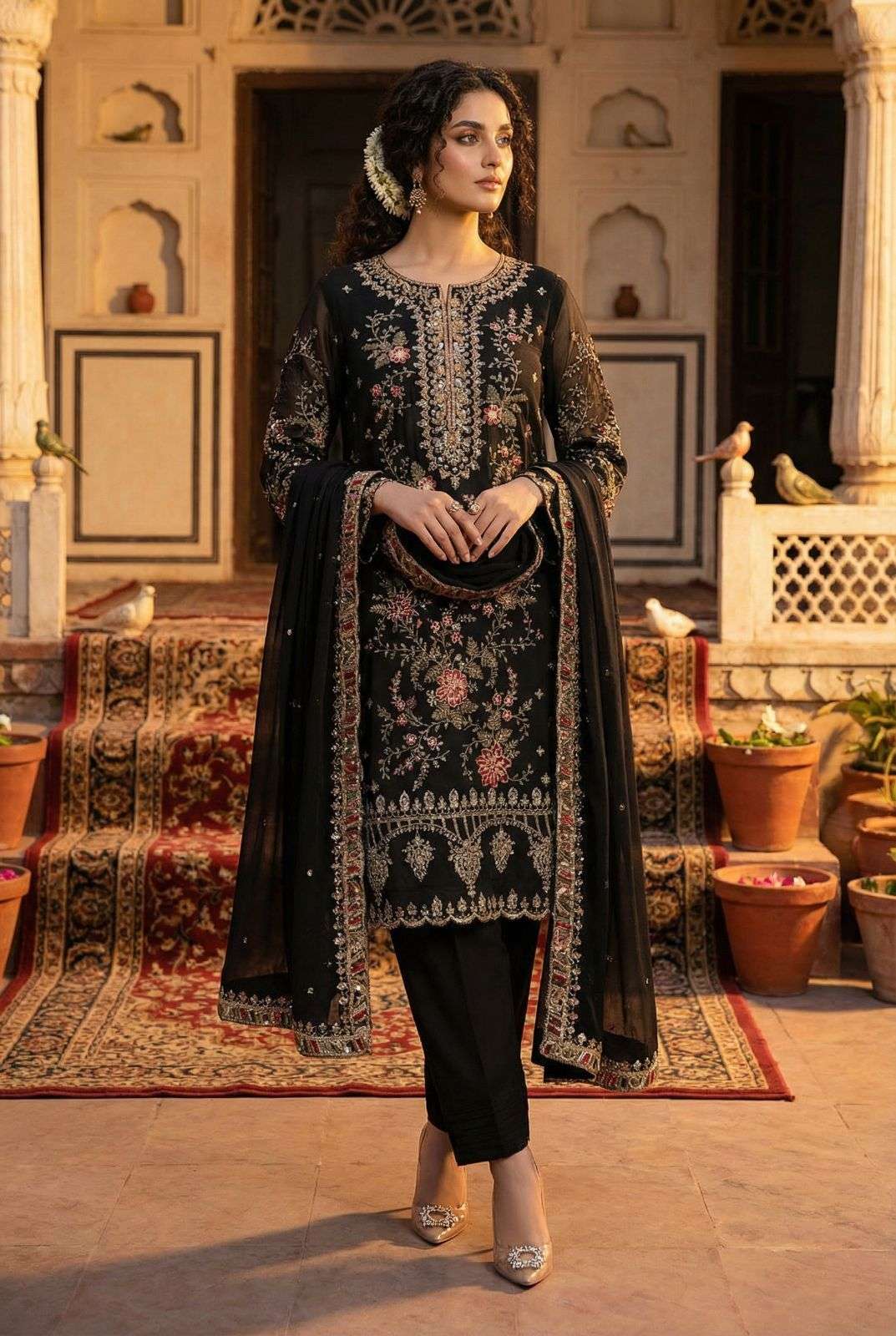 DESIGNER WEDDING PARTY WEAR HEAVY CHIFFON BLACK PAKISTANI STRAGHT SALWAR SUIT KB 1209 C
