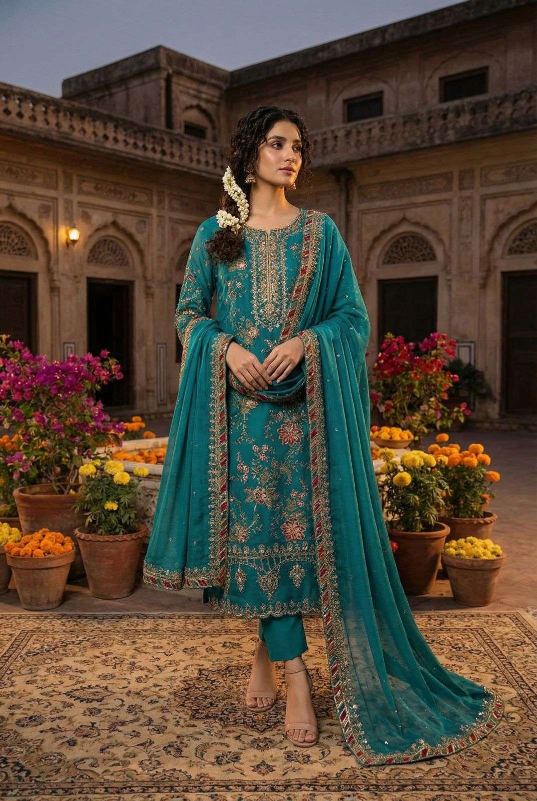 DESIGNER WEDDING PARTY WEAR HEAVY CHIFFON BLUE PAKISTANI STRAGHT SALWAR SUIT KB 1209 A