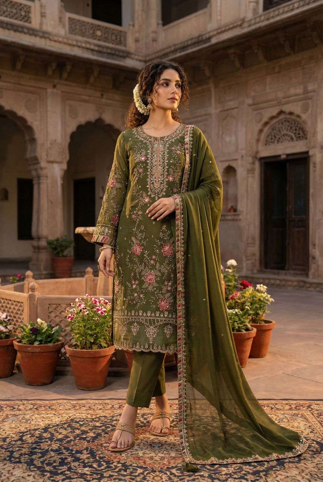 DESIGNER WEDDING PARTY WEAR HEAVY CHIFFON GREEN PAKISTANI STRAGHT SALWAR SUIT KB 1209 B