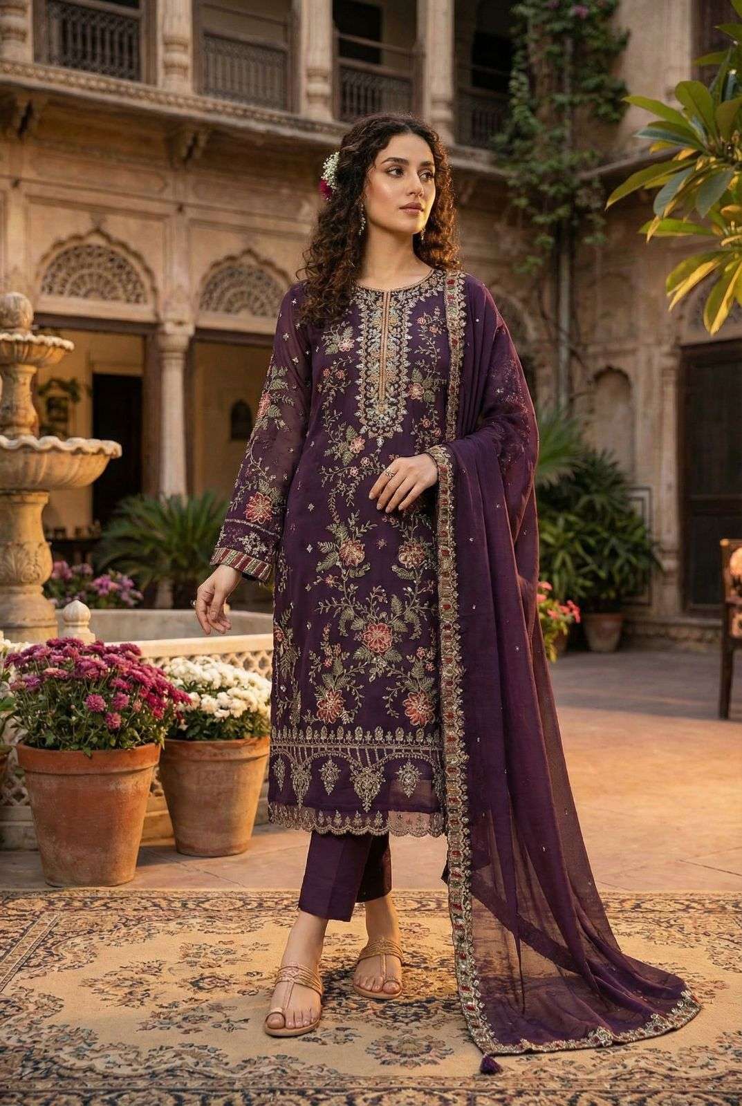 DESIGNER WEDDING PARTY WEAR HEAVY CHIFFON PURPLE PAKISTANI STRAGHT SALWAR SUIT KB 1209 E