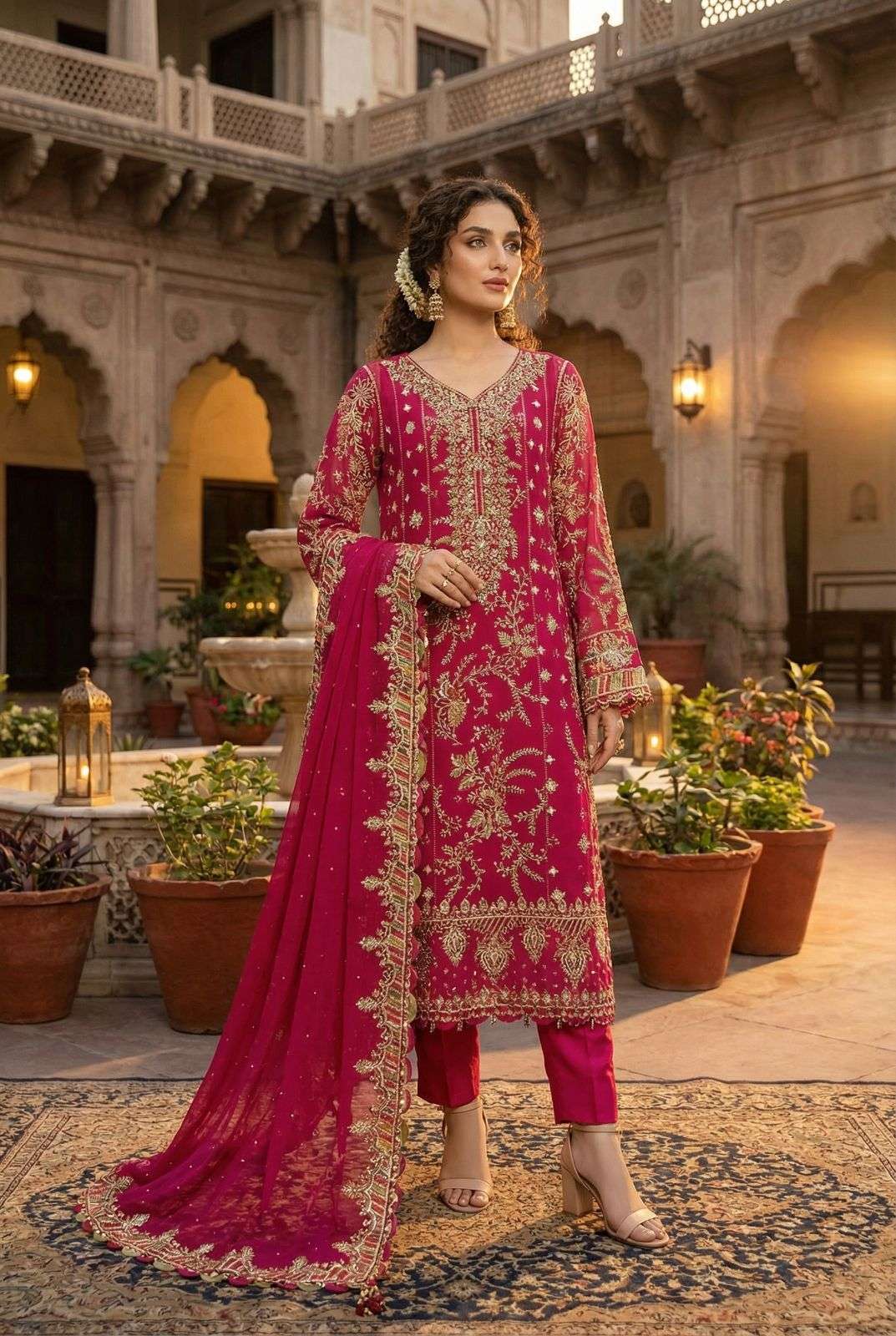 DESIGNER WEDDING PARTY WEAR HEAVY CHIFFON RANI PINK PAKISTANI STRAGHT SALWAR SUIT KB 1209 G