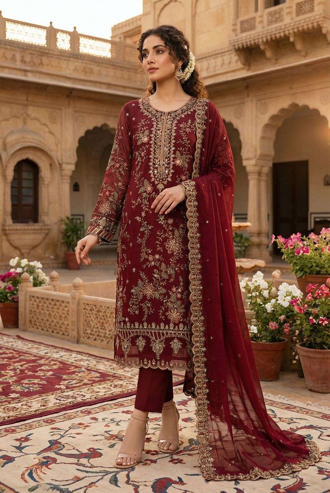 DESIGNER WEDDING PARTY WEAR HEAVY CHIFFON RED PAKISTANI STRAGHT SALWAR SUIT KB 1209 F
