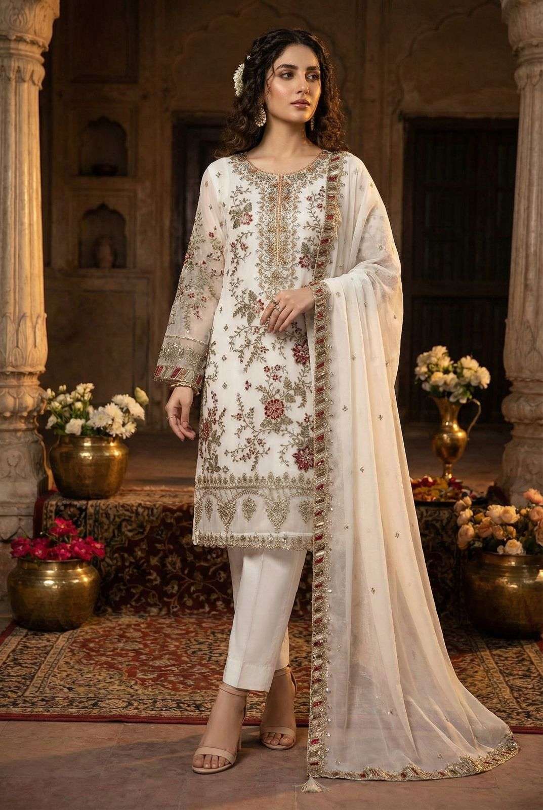 DESIGNER WEDDING PARTY WEAR HEAVY CHIFFON WHITE PAKISTANI STRAGHT SALWAR SUIT KB 1209 D