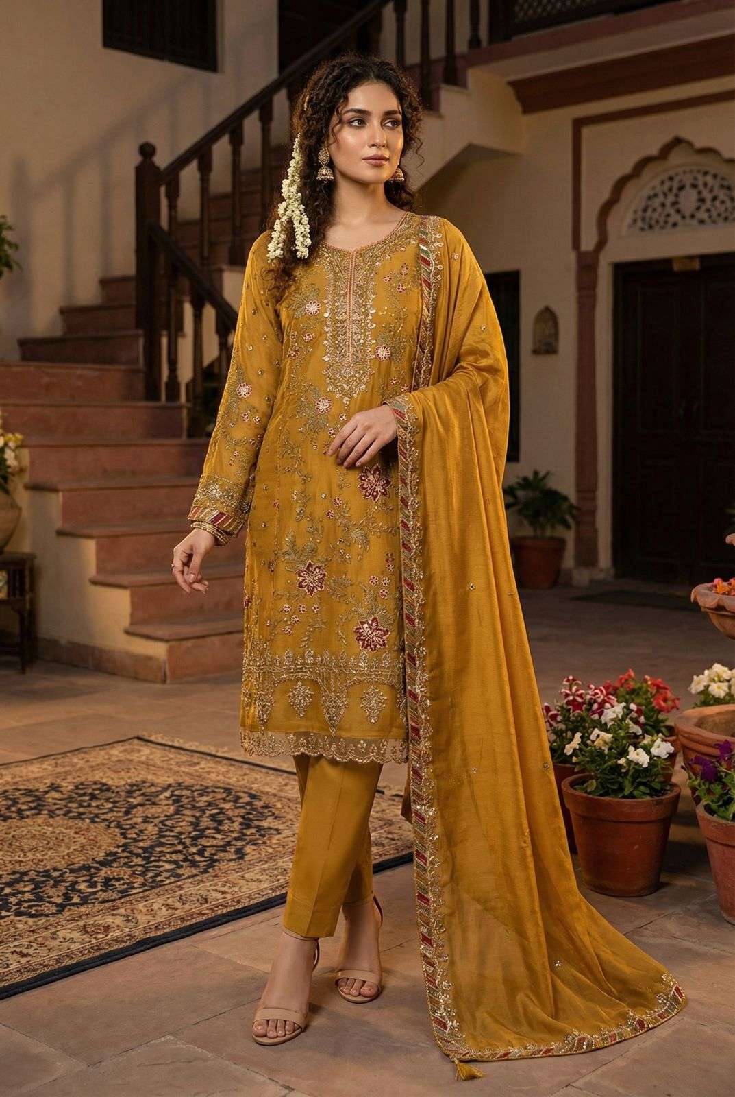 DESIGNER WEDDING PARTY WEAR HEAVY CHIFFON YELLOW PAKISTANI STRAGHT SALWAR SUIT KB 1209 H