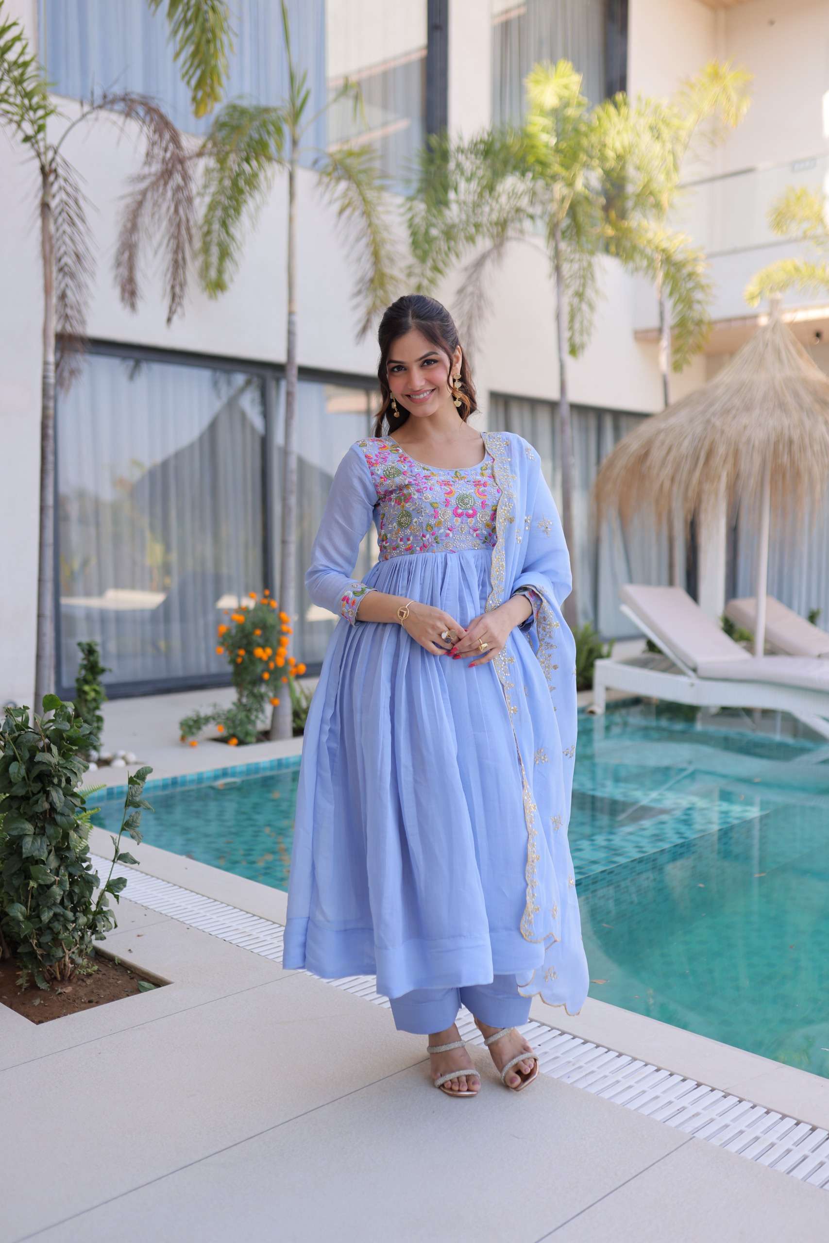 DESIGNER WEDDING PARTY WEAR MAL CHANDERI SILK BLUE ANARKALI SALWAR SUIT KU 1239 B