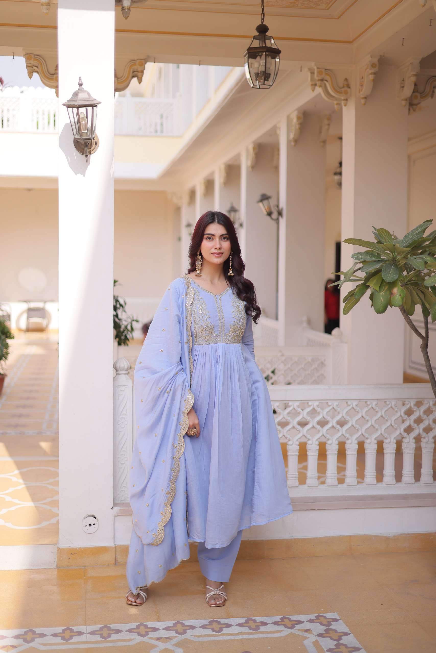 DESIGNER WEDDING PARTY WEAR MAL CHANDERI SILK PURPLE ANARKALI SALWAR SUIT KU 1241 A