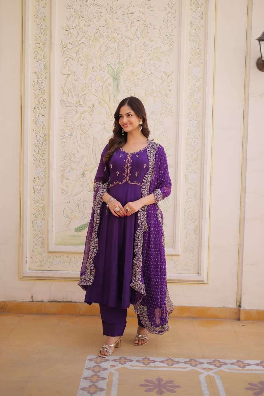 DESIGNER WEDDING PARTY WEAR MAL CHANDERI SILK PURPLE ANARKALI SALWAR SUIT LW 9328 B