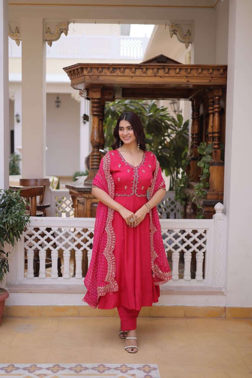 DESIGNER WEDDING PARTY WEAR MAL CHANDERI SILK RANI PINK ANARKALI SALWAR SUIT LW 9328 A