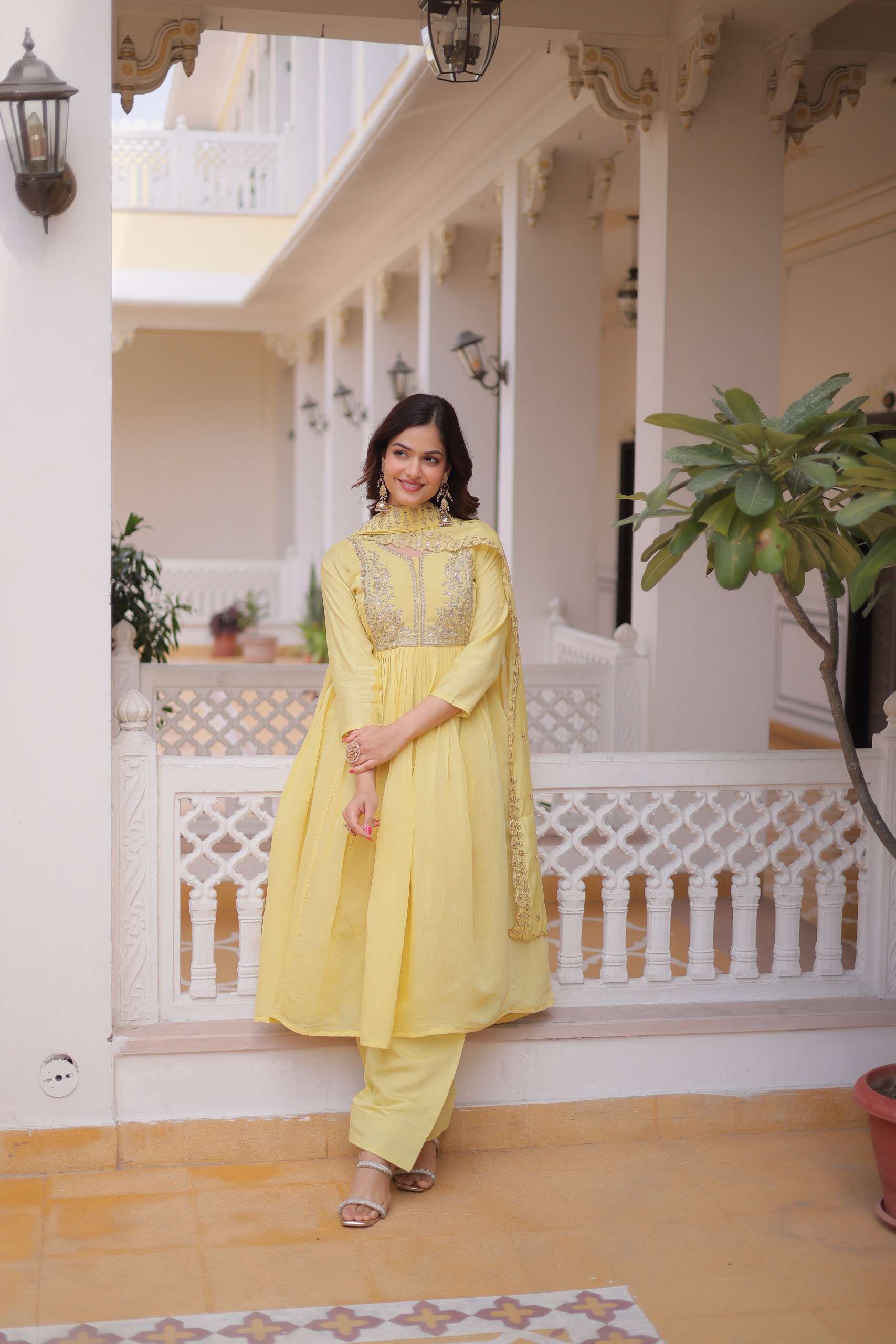 DESIGNER WEDDING PARTY WEAR MAL CHANDERI SILK YELLOW ANARKALI SALWAR SUIT KU 1241 B