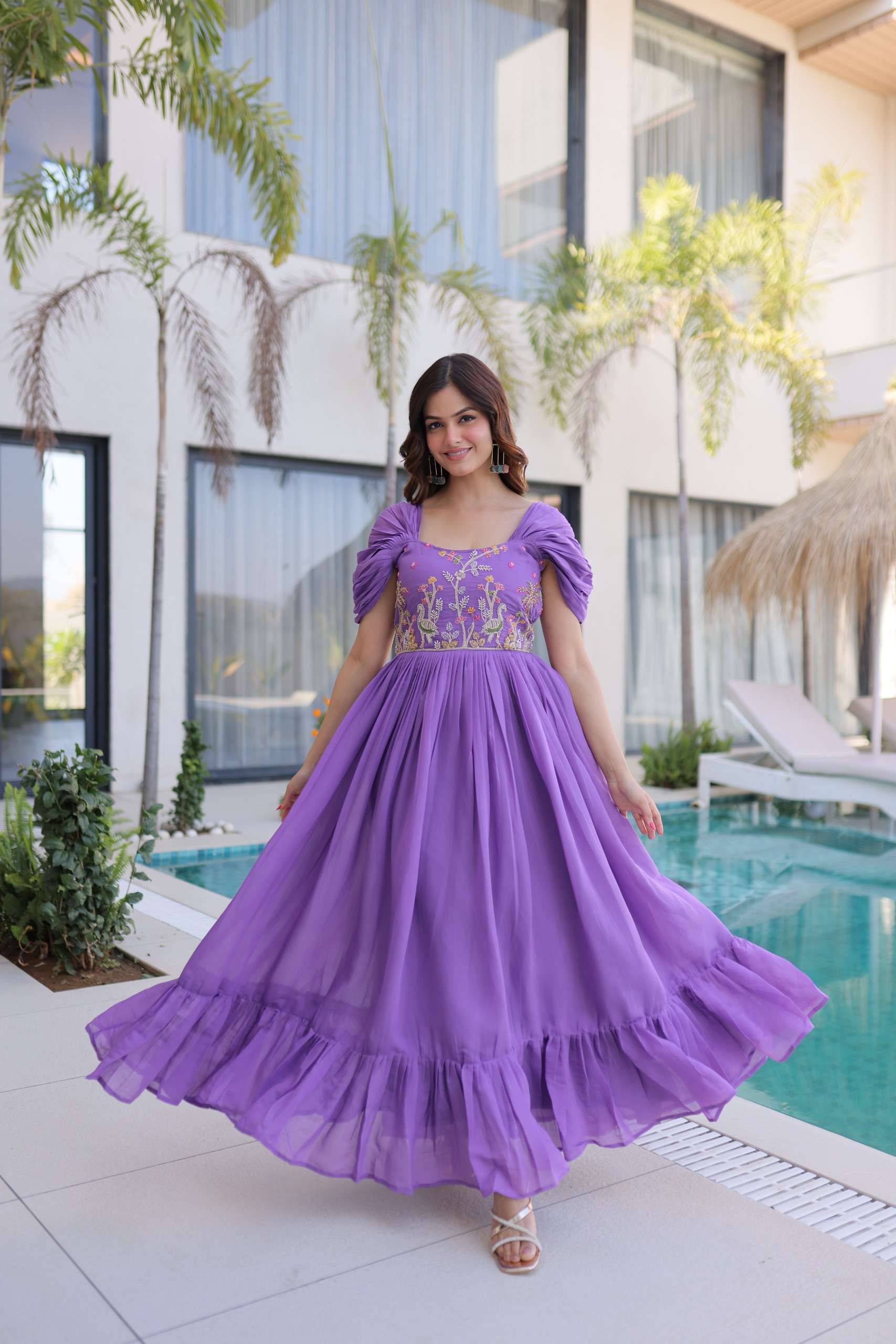 DESIGNER WEDDING PARTY WEAR MUL CHANDERI SILK READYMADE LAVENDER ANARKALI GOWN SALWAR SUIT KU 1240 A
