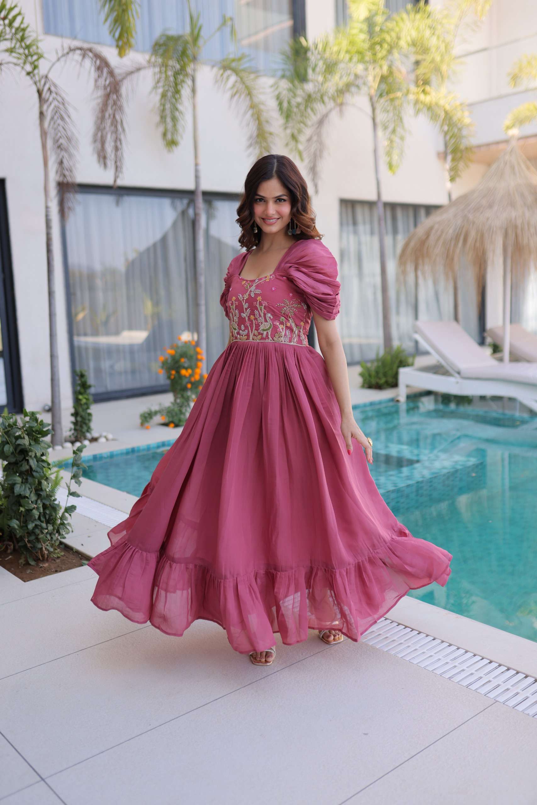 DESIGNER WEDDING PARTY WEAR MUL CHANDERI SILK READYMADE PINK ANARKALI GOWN SALWAR SUIT KU 1240 B
