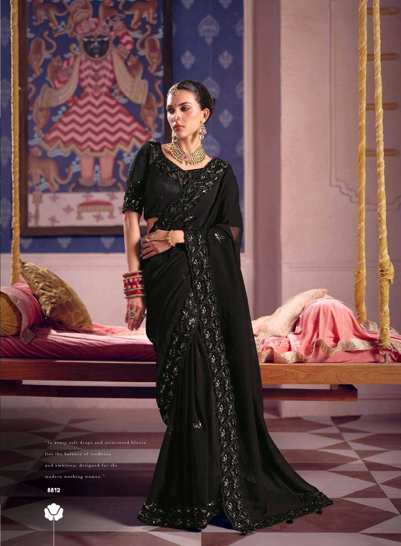DESIGNER WEDDING PARTY WEAR PREMIUM SILK BLACK SAREE WITH BEADS AND THREAD SEQUENCE WORK COLLECTION SM SULAKSHMI 8812