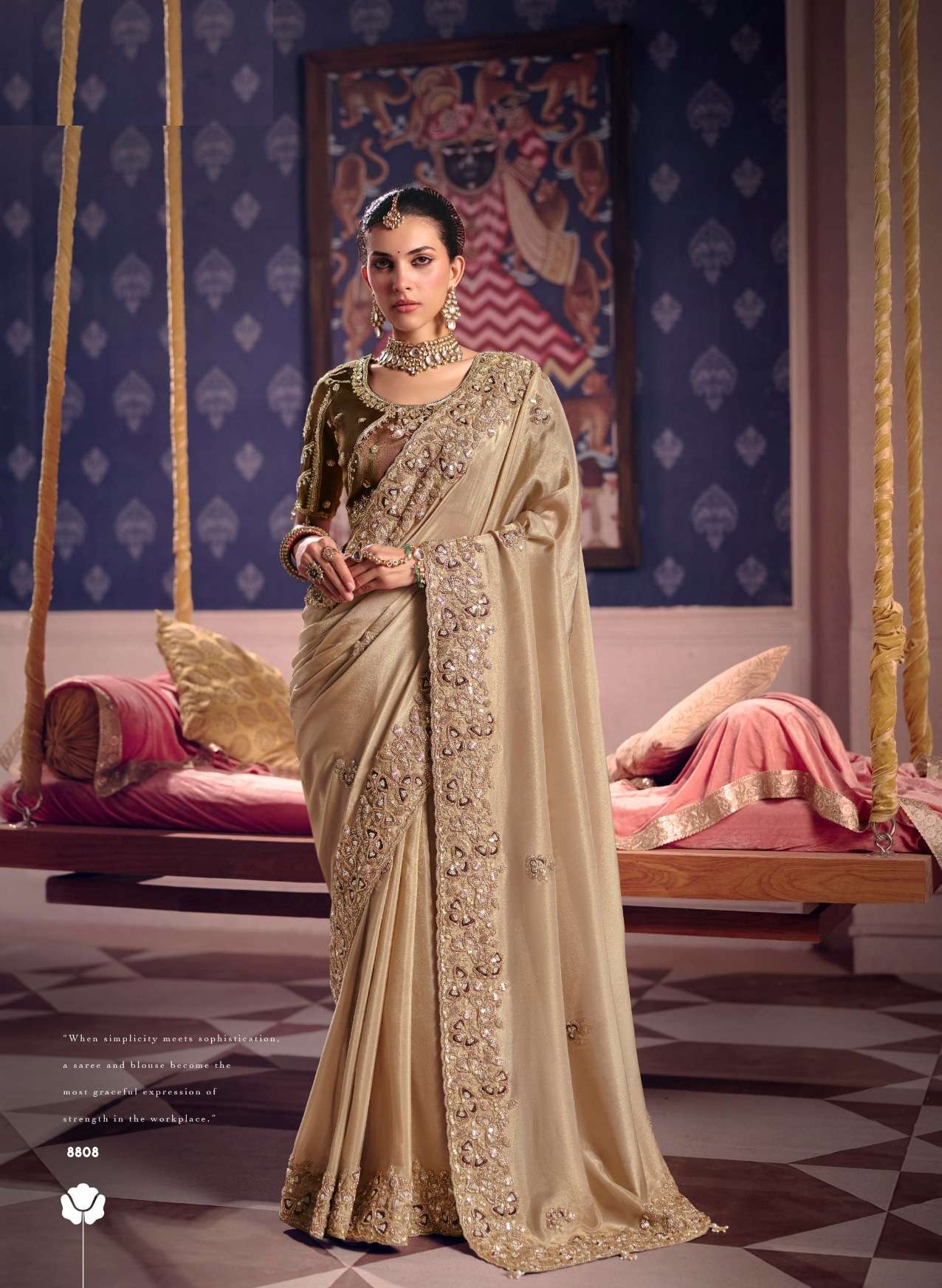 DESIGNER WEDDING PARTY WEAR PREMIUM SILK CHIKU SAREE WITH BEADS AND THREAD SEQUENCE WORK COLLECTION SM SULAKSHMI 8808